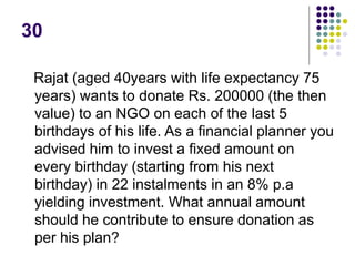 30
Rajat (aged 40years with life expectancy 75
years) wants to donate Rs. 200000 (the then
value) to an NGO on each of the last 5
birthdays of his life. As a financial planner you
advised him to invest a fixed amount on
every birthday (starting from his next
birthday) in 22 instalments in an 8% p.a
yielding investment. What annual amount
should he contribute to ensure donation as
per his plan?
 