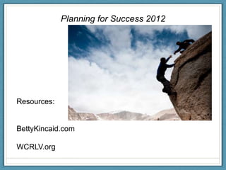 Planning for Success 2012




Resources:


BettyKincaid.com

WCRLV.org
 