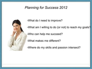 Planning for Success 2012


 -What do I need to improve?

 -What am I willing to do (or not) to reach my goals?

 -Who can help me succeed?

 -What makes me different?

 -Where do my skills and passion intersect?
 