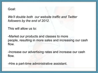 Goal:

We’ll double both our website traffic and Twitter
followers by the end of 2012.

This will allow us to:

-Market our products and classes to more
people, resulting in more sales and increasing our cash
flow.

-Increase our advertising rates and increase our cash
flow.

-Hire a part-time administrative assistant.
 