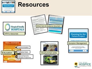 Resources
Visual prompt cards
EOLC form & Guidance document
Symptom Management
Education
Communication
National Dementia
Education Programme
Palliative Care
HFH’s resources
 
