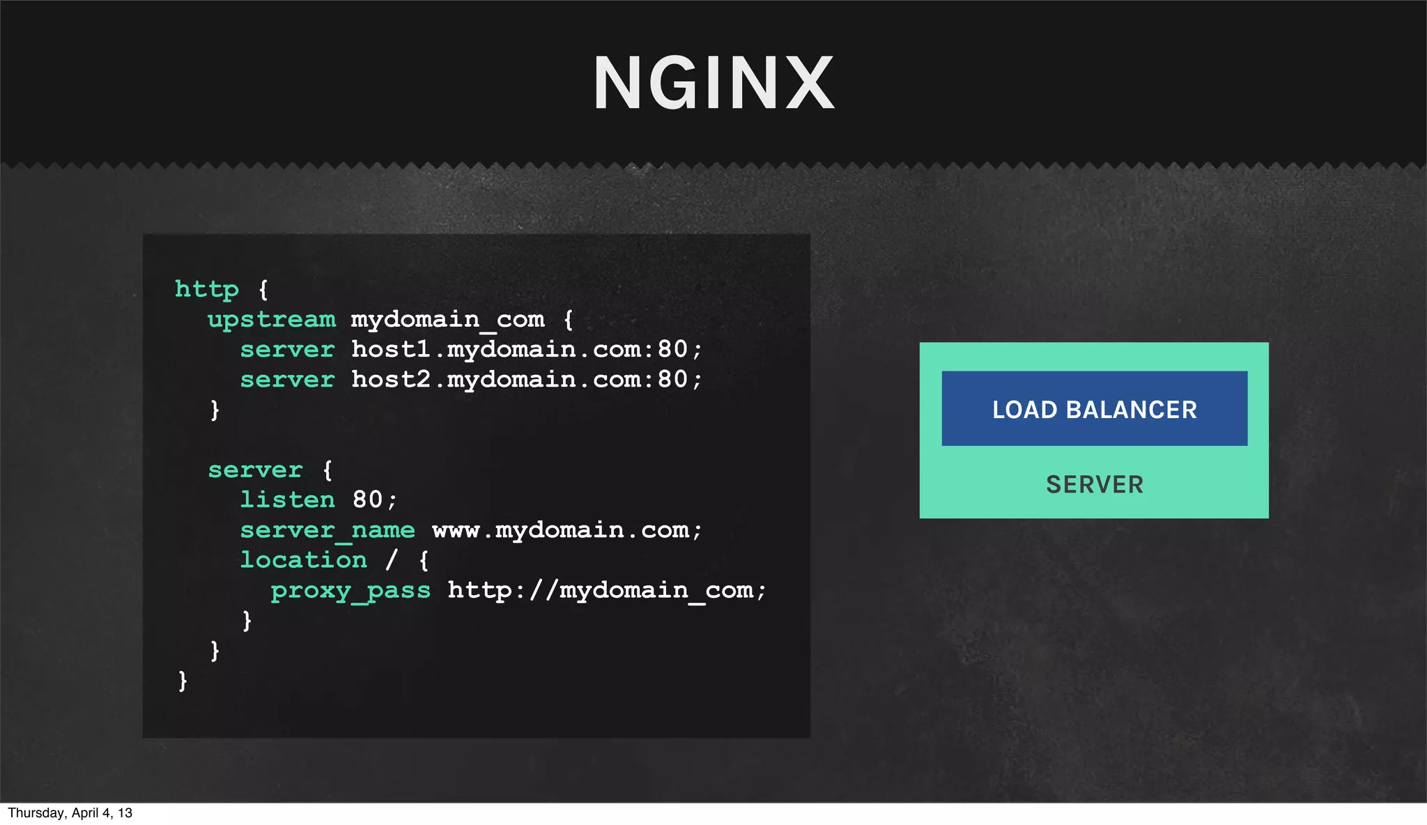 NGINX

                        http {
                          upstream mydomain_com {
                            server host1.mydomain.com:80;
                            server host2.mydomain.com:80;
                          }                                       LOAD BALANCER

                            server {
                                                                     SERVER
                              listen 80;
                              server_name www.mydomain.com;
                              location / {
                                proxy_pass http://mydomain_com;
                              }
                            }
                        }



Thursday, April 4, 13
 