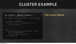 CLUSTER EXAMPLE

             var cluster = require('cluster');            The Cluster Module
             var http = require('http');
             var numCPUs = require('os').cpus().length;

             if(cluster.isMaster) {
               for(var i = 0; i < numCPUs; i++) {
                 cluster.fork();
               }
             }
             else {
               http.createServer(function(req, res) {
                 res.writeHead(200);
                 res.end('Hello World.');
               }).listen(80);
             }


Thursday, April 4, 13
 