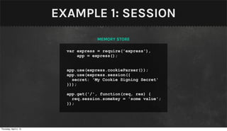 EXAMPLE 1: SESSION
                                     MEMORY STORE

                          var express = require('express'),
                              app = express();


                          app.use(express.cookieParser());
                          app.use(express.session({
                            secret: 'My Cookie Signing Secret'
                          }));

                          app.get('/', function(req, res) {
                            req.session.somekey = 'some value';
                          });




Thursday, April 4, 13
 