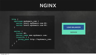 NGINX

                        http {
                          upstream mydomain_com {
                            server host1.mydomain.com:80;
                            server host2.mydomain.com:80;
                          }                                       LOAD BALANCER

                            server {
                                                                     SERVER
                              listen 80;
                              server_name www.mydomain.com;
                              location / {
                                proxy_pass http://mydomain_com;
                              }
                            }
                        }



Thursday, April 4, 13
 