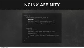 NGINX AFFINITY

                        http {
                          upstream mydomain_com {
                            sticky;
                            server host1.mydomain.com:80;
                            server host2.mydomain.com:80;
                          }

                            server {
                              listen 80;
                              server_name www.mydomain.com;
                              location / {
                                proxy_pass http://mydomain_com;
                              }
                            }
                        }



Thursday, April 4, 13
 