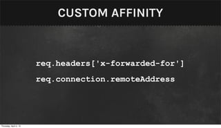 CUSTOM AFFINITY


                        req.headers['x-forwarded-for']
                        req.connection.remoteAddress




Thursday, April 4, 13
 