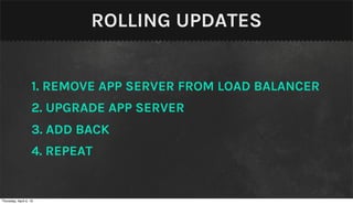 ROLLING UPDATES


                    1. REMOVE APP SERVER FROM LOAD BALANCER
                    2. UPGRADE APP SERVER
                    3. ADD BACK
                    4. REPEAT


Thursday, April 4, 13
 