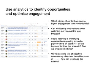 Use analytics to identify opportunities
and optimise engagement!
•  Which pieces of content are seeing
higher engagement rates? Why is this?!
•  Can we identify why viewers aren’t
watching our video all the way
through?!
•  Social listening is identifying
conversations growing around a
pigeon who’s on court #1 – do we
have content for this scenario? Can
we create something?!
•  We’re receiving lots of negative
commentary about our brand because
of _____ - how can we douse the
ﬂames?!
 