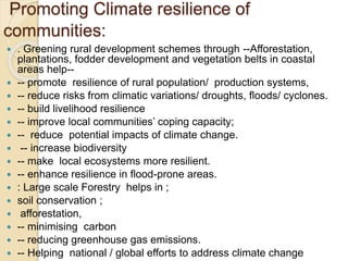 Promoting Climate resilience of
communities:
 . Greening rural development schemes through --Afforestation,
plantations, fodder development and vegetation belts in coastal
areas help--
 -- promote resilience of rural population/ production systems,
 -- reduce risks from climatic variations/ droughts, floods/ cyclones.
 -- build livelihood resilience
 -- improve local communities’ coping capacity;
 -- reduce potential impacts of climate change.
 -- increase biodiversity
 -- make local ecosystems more resilient.
 -- enhance resilience in flood-prone areas.
 : Large scale Forestry helps in ;
 soil conservation ;
 afforestation,
 -- minimising carbon
 -- reducing greenhouse gas emissions.
 -- Helping national / global efforts to address climate change
 
