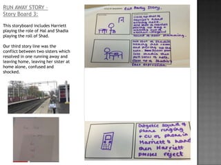 RUN AWAY STORY –
Story Board 3:

This storyboard includes Harriett
playing the role of Hal and Shadia
playing the roll of Shad.

Our third story line was the
conflict between two sisters which
resolved in one running away and
leaving home, leaving her sister at
home alone, confused and
shocked.
 