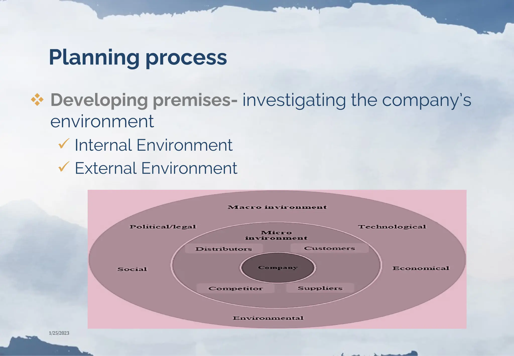 Planning process
 Developing premises- investigating the company’s
environment
 Internal Environment
 External Environment
1/25/2023
 