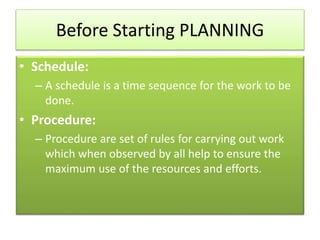 Before Starting PLANNING
• Schedule:
– A schedule is a time sequence for the work to be
done.
• Procedure:
– Procedure are set of rules for carrying out work
which when observed by all help to ensure the
maximum use of the resources and efforts.
 