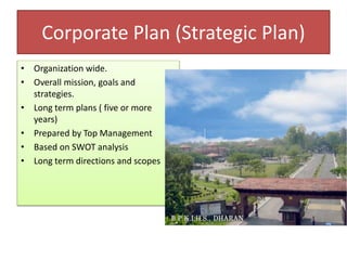 Corporate Plan (Strategic Plan)
• Organization wide.
• Overall mission, goals and
strategies.
• Long term plans ( five or more
years)
• Prepared by Top Management
• Based on SWOT analysis
• Long term directions and scopes
 