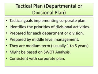 Tactical Plan (Departmental or
Divisional Plan)
• Tactical goals implementing corporate plan.
• Identifies the priorities of divisional activities.
• Prepared for each department or division.
• Prepared by middle level management.
• They are medium term ( usually 1 to 5 years)
• Might be based on SWOT Analysis.
• Consistent with corporate plan.
 