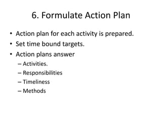 6. Formulate Action Plan
• Action plan for each activity is prepared.
• Set time bound targets.
• Action plans answer
– Activities.
– Responsibilities
– Timeliness
– Methods
 