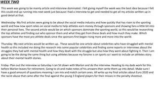 WEEK TWO
This week was going to be mainly article and interview dominated. I felt giving myself the week was the best idea because I felt
this could end up running into next week just because I had a interview to get and needed to get all my articles written up in
good detail at that.
Wednesday- My first articles were going to be about the social media industry and how quickly that has risen to the sporting
world and how now sport relies on social media to help athletes earn money through sponsors and showing fans a little bit into
their personal lives. The second article would be on which sponsors dominate the sporting world, so this would be researching
the top athletes and finding out who sponsor them and what they get from these deals and how much they make. Which
sponsors have the most pro athlete deals since the sponsors first began rising more and more into the world.
Thursday- My next articles would be written up.. These would be one article about celebrities who have struggled with mental
health so this included me doing the research into some popular celebrities and finding some reports or interviews about the
struggles they had with mental health and how they dealt with the struggle but also how they went about fighting it. Then I am
going to be the doing the same thing but using athletes because my fanzine is on sports so I want to include an athletes story
about their mental health stories.
Friday- Plan out the interview so Saturday I can Sit down with Marlon and do the interview. Heading to my dads work for this
before Marlon leaves for retirement. Going to sit and make notes of his answers then write them up into detail. Make sure I
have a good amount of questions meaning I can mix and match certain ones. All write up my final articles about Euro 2020 and
the racist abuse that came after the final against the young 3 England players for their misses in the penalty shootout.
 