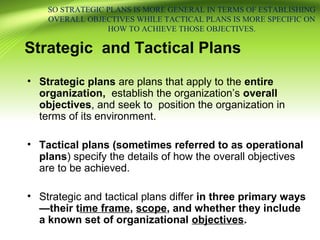 Strategic and Tactical Plans
• Strategic plans are plans that apply to the entire
organization, establish the organization’s overall
objectives, and seek to position the organization in
terms of its environment.
• Tactical plans (sometimes referred to as operational
plans) specify the details of how the overall objectives
are to be achieved.
• Strategic and tactical plans differ in three primary ways
—their time frame, scope, and whether they include
a known set of organizational objectives.
SO STRATEGIC PLANS IS MORE GENERAL IN TERMS OF ESTABLISHING
OVERALL OBJECTIVES WHILE TACTICAL PLANS IS MORE SPECIFIC ON
HOW TO ACHIEVE THOSE OBJECTIVES.
 