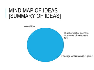 MIND MAP OF IDEAS
[SUMMARY OF IDEAS]
Ill get probably one/two
interviews of Newcastle
fans
Footage of Newcastle game
narration
 