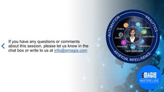 If you have any questions or comments
about this session, please let us know in the
chat box or write to us at info@emagia.com
Orders
Credit
Cash Application
Collections
Deductions
Payments
Invoicing
 