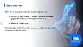3
Introduction
There are two ways to accelerate customers payments:
1. Enabling & maximizing “On-time customer-initiated”
payments that require no collection follow-up
2. Effective Collections
Maximizing the first will reflect an enhanced customer experience
and reduce collection costs.
 