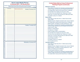 Naval Leader Weekly Planner                                                                         United States Marine Corps Professional
                     16 January 2011 - 22 January 2011                                                                          Reading Program (continued)
“Character is doing the right thing when nobody’s looking. There are too many people who think that the only
               thing that’s right is to get by, and the only thing that’s wrong is to get caught. ”
                                                                                                    ~J.C. Watts
                                                                                                                  Midshipman (continued)
                                                                                                                       • Once a Marine: An Iraq War Tank Commander’s Inspirational Memoir of
          Appointments
           pp
                                     Martin Luther King Jr. Day
                                                                    Monday 16 January 2012                               Combat, Courage, and Recovery by Nick Popaditch and Mike Steere
0600    ______________________       _____________________________________________________________
                                                                                                                       • The Coldest Winter: America and the Korean War by D. Halberstam
0700    ______________________        _____________________________________________________________
                                                                                                                       • The Last Stand of Fox Company by B. Drury and T. Clavin
0800    ______________________        _____________________________________________________________

0900    ______________________        _____________________________________________________________
                                                                                                                       • The Lions of Iwo Jima by Maj Gen (ret) F. Haynes and J. Warren
1000    ______________________        _____________________________________________________________                    • Tiger Force: A True Story of Men and War by M. Sallah and M. Weiss
1100    ______________________        _____________________________________________________________                    • The Soldier’s Load by S.L.A. Marshall
1200    ______________________        _____________________________________________________________               Warrant Ofﬁcer
1300    ______________________        _____________________________________________________________
                                                                                                                       • First to Fight: An Inside View of the U. S. Marine Corps by Krulak,
1400    ______________________        _____________________________________________________________                      Victor H. LtGen
1500    ______________________        _____________________________________________________________                    • Baghdad at Sunrise: A Brigade Commander’s War in Iraq by P. Mansoor
1600    ______________________        _____________________________________________________________
                                                                                                                       • The Coldest Winter: America and the Korean War by D. Halberstam
1800    ______________________        _____________________________________________________________
                                                                                                                       • Battle Exhortation, The Rhetoric of Combat Leadership by K. Yellin

                                                                    Tuesday 17 January 2012                            • Once a Marine: An Iraq War Tank Commander’s Inspirational Memoir of
0600    ______________________        _____________________________________________________________
                                                                                                                         Combat, Courage, and Recovery by Nick Popaditch and Mike Steere
0700    ______________________        _____________________________________________________________
                                                                                                                       • Fields of Fire by J. Webb
0800    ______________________        _____________________________________________________________
                                                                                                                       • MCWP 6-11 Leading Marines
0900    ______________________        _____________________________________________________________
                                                                                                                       • On Infantry by J. A. English
1000    ______________________        _____________________________________________________________

1100    ______________________        _____________________________________________________________                    • Small Unit Leaders Guide to Counterinsurgency
1200    ______________________        _____________________________________________________________                    • The Last Stand of Fox Company by B. Drury and T. Clavin
1300    ______________________        _____________________________________________________________                    • The Lions of Iwo Jima by Maj Gen (ret) F. Haynes and J. Warren
1400    ______________________        _____________________________________________________________                    • Tiger Force: A True Story of Men and War by M. Sallah and M. Weiss
1500    ______________________        _____________________________________________________________
                                                                                                                       • The Anatomy of Courage by L. Moran
1600    ______________________        _____________________________________________________________
                                                                                                                       • The Art of War by Sun Tzu
1700    ______________________        _____________________________________________________________
                                                                                                                       • The Soldier’s Load by S.L.A. Marshall
1800    ______________________        _____________________________________________________________
                                                                                                                       • The Art of War by Sun Tzu

0600    ______________________                                  Wednesday 18 January 2012
                                      _____________________________________________________________               Chief Warrant Ofﬁcer 2
0700    ______________________        _____________________________________________________________                    • First to Fight: An Inside View of the U. S. Marine Corps by Krulak,
0800    ______________________        _____________________________________________________________
                                                                                                                         Victor H. LtGen
0900    ______________________        _____________________________________________________________                    • Baghdad at Sunrise: A Brigade Commander’s War in Iraq by P. Mansoor
1000    ______________________        _____________________________________________________________                    • Battle Exhortation, The Rhetoric of Combat Leadership by K. Yellin
1100    ______________________        _____________________________________________________________                    • Battle Cry of Freedom by M. M. McPherson
1200    ______________________        _____________________________________________________________                    • Counterinsurgency Warfare by D. Galula
1300    ______________________        _____________________________________________________________
                                                                                                                       • Once a Marine: An Iraq War Tank Commander’s Inspirational Memoir of
1400    ______________________        _____________________________________________________________                      Combat, Courage, and Recovery by Nick Popaditch and Mike Steere
1500    ______________________        _____________________________________________________________                    • The Coldest Winter: America and the Korean War by D. Halberstam
1600    ______________________        _____________________________________________________________

1700    ______________________        _____________________________________________________________

1800    ______________________        _____________________________________________________________


                                                    16
                                                                                                                                                             245
 