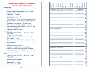 January 2012                     February 2012                         March 2012
        United States Marine Corps Professional                             S    M    T    W    T    F     S   S   M   T    W    T    F     S   S   M   T     W    T    F     S
                                                                            1     2    3    4    5    6    7                 1    2    3    4                       1    2    3
             Reading Program (continued)                                    8
                                                                            15
                                                                                  9
                                                                                 16
                                                                                      10
                                                                                      17
                                                                                           11
                                                                                           18
                                                                                                12
                                                                                                19
                                                                                                     13
                                                                                                     20
                                                                                                          14
                                                                                                          21
                                                                                                               5   6
                                                                                                               12 13
                                                                                                                        7
                                                                                                                       14
                                                                                                                             8
                                                                                                                            15
                                                                                                                                  9
                                                                                                                                 16
                                                                                                                                      10
                                                                                                                                      17
                                                                                                                                           11
                                                                                                                                           18
                                                                                                                                                4   5
                                                                                                                                                11 12
                                                                                                                                                         6
                                                                                                                                                        13
                                                                                                                                                               7
                                                                                                                                                              14
                                                                                                                                                                    8
                                                                                                                                                                   15
                                                                                                                                                                         9
                                                                                                                                                                        16
                                                                                                                                                                             10
                                                                                                                                                                             17
                                                                            22   23   24   25   26   27   28   19 20   21   22   23   24   25   18 19   20    21   22   23   24
Sergeant Major                                                              29   30   31                       26 27   28   29                  25 26   27    28   29   30   31

    • First to Fight: An Inside View of the U. S. Marine Corps by Krulak,                                                                                    Appointments
      Victor H. LtGen                                                        Thursday 19 January 2012               E-7 Advancement Exams
                                                                            _____________________________________________________________       _________________________     0600
    • Decoding Clausewitz: A New Approach to On War by J. Sumida            _____________________________________________________________       _________________________     0700
    • The Culture of War by M. Van Creveld                                  _____________________________________________________________       _________________________     0800

    • The General by C. S. Forester                                         _____________________________________________________________       _________________________     0900

    • No Bended Knee by M. B. Twining                                       _____________________________________________________________       _________________________     1000

                                                                            _____________________________________________________________       _________________________     1100
    • The Arab Mind by R. Tatai
                                                                            _____________________________________________________________       _________________________     1200
    • Once a Marine: An Iraq War Tank Commander’s Inspirational Memoir of
      Combat, Courage, and Recovery by Nick Popaditch and Mike Steere       _____________________________________________________________       _________________________     1300

                                                                            _____________________________________________________________       _________________________     1400
    • The Coldest Winter: America and the Korean War by D. Halberstam
                                                                            _____________________________________________________________       _________________________     1500
    • The Last Stand of Fox Company by B. Drury and T. Clavin
                                                                            _____________________________________________________________       _________________________     1600
    • The Lions of Iwo Jima by Maj Gen (ret) F. Haynes and J. Warren
                                                                            _____________________________________________________________       _________________________     1700
    • Tiger Force: A True Story of Men and War by M. Sallah and M. Weiss    _____________________________________________________________       _________________________     1800
    • Achilles in Vietnam by J. Shay
                                                                             Friday 20 January 2012
    • The Mask of Command by J. Keegan                                      _____________________________________________________________       _________________________     0600

Ofﬁcer Candidate                                                            _____________________________________________________________       _________________________     0700

                                                                            _____________________________________________________________       _________________________     0800
    • First to Fight: An Inside View of the U. S. Marine Corps by Krulak,
      Victor H. LtGen                                                       _____________________________________________________________       _________________________     0900

    • A Message to Garcia by E. Hubbard                                     _____________________________________________________________       _________________________     1000

                                                                            _____________________________________________________________       _________________________     1100
    • The Coldest Winter: America and the Korean War by D. Halberstam
                                                                            _____________________________________________________________       _________________________     1200
    • Ender’s Game by O. S. Card
                                                                            _____________________________________________________________       _________________________     1300
    • Once a Marine: An Iraq War Tank Commander’s Inspirational Memoir of
                                                                            _____________________________________________________________       _________________________     1400
      Combat, Courage, and Recovery by Nick Popaditch and Mike Steere
                                                                            _____________________________________________________________       _________________________     1500
    • MCDP 1 Warﬁghting
                                                                            _____________________________________________________________       _________________________     1600
    • Riﬂeman Dodd by S. S. Forester
                                                                            _____________________________________________________________       _________________________     1700
    • The Armed Forces Ofﬁcer, DoD 2006
                                                                            _____________________________________________________________       _________________________     1800
    • The Last Stand of Fox Company by B. Drury and T. Clavin
                                                                             Saturday 21 January 2012
    • The Lions of Iwo Jima by Maj Gen (ret) F. Haynes and J. Warren        _____________________________________________________________       _________________________     0900

    • Tiger Force: A True Story of Men and War by M. Sallah and M. Weiss    _____________________________________________________________       _________________________     1100

                                                                            _____________________________________________________________       _________________________     1300
    • The Soldier’s Load by S.L.A. Marshall
                                                                            _____________________________________________________________       _________________________     1500
Midshipman
                                                                            _____________________________________________________________       _________________________     1700
    • First to Fight: An Inside View of the U. S. Marine Corps by Krulak,
      Victor H. LtGen
                                                                             Sunday 22 January 2012
    • MCDP 1 Warﬁghting
                                                                            _____________________________________________________________       _________________________     0900
    • A Message to Garcia by E. Hubbard                                     _____________________________________________________________       _________________________     1100
    • Ender’s Game by O. S. Card                                            _____________________________________________________________       _________________________     1300
    • Riﬂeman Dodd by S. S. Forester                                        _____________________________________________________________       _________________________     1500

    • The Armed Forces Ofﬁcer, DoD 2006                                     _____________________________________________________________       _________________________     1700



                                                                                                                                 17
                                        244
 