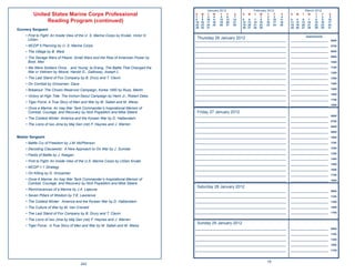 January 2012                     February 2012                         March 2012
         United States Marine Corps Professional                                      S
                                                                                      1
                                                                                           M
                                                                                            2
                                                                                                T
                                                                                                 3
                                                                                                     W
                                                                                                      4
                                                                                                          T
                                                                                                           5
                                                                                                               F
                                                                                                                6
                                                                                                                     S
                                                                                                                     7
                                                                                                                         S   M   T    W
                                                                                                                                       1
                                                                                                                                           T
                                                                                                                                            2
                                                                                                                                                F
                                                                                                                                                 3
                                                                                                                                                      S
                                                                                                                                                      4
                                                                                                                                                          S   M   T     W    T
                                                                                                                                                                              1
                                                                                                                                                                                  F
                                                                                                                                                                                   2
                                                                                                                                                                                        S
                                                                                                                                                                                        3
              Reading Program (continued)                                             8
                                                                                      15
                                                                                            9
                                                                                           16
                                                                                                10
                                                                                                17
                                                                                                     11
                                                                                                     18
                                                                                                          12
                                                                                                          19
                                                                                                               13
                                                                                                               20
                                                                                                                    14
                                                                                                                    21
                                                                                                                         5   6
                                                                                                                         12 13
                                                                                                                                  7
                                                                                                                                 14
                                                                                                                                       8
                                                                                                                                      15
                                                                                                                                            9
                                                                                                                                           16
                                                                                                                                                10
                                                                                                                                                17
                                                                                                                                                     11
                                                                                                                                                     18
                                                                                                                                                          4   5
                                                                                                                                                          11 12
                                                                                                                                                                   6
                                                                                                                                                                  13
                                                                                                                                                                         7
                                                                                                                                                                        14
                                                                                                                                                                              8
                                                                                                                                                                             15
                                                                                                                                                                                   9
                                                                                                                                                                                  16
                                                                                                                                                                                       10
                                                                                                                                                                                       17
                                                                                      22   23   24   25   26   27   28   19 20   21   22   23   24   25   18 19   20    21   22   23   24
                                                                                      29   30   31                       26 27   28   29                  25 26   27    28   29   30   31
Gunnery Sergeant
    • First to Fight: An Inside View of the U. S. Marine Corps by Krulak, Victor H.                                                                                    Appointments
      LtGen                                                                            Thursday 26 January 2012
                                                                                      _____________________________________________________________       _________________________     0600
    • MCDP 5 Planning by U. S. Marine Corps                                           _____________________________________________________________       _________________________     0700

    • The Village by B. West                                                          _____________________________________________________________       _________________________     0800

    • The Savage Wars of Peace: Small Wars and the Rise of American Power by          _____________________________________________________________       _________________________     0900
      Boot, Max                                                                       _____________________________________________________________       _________________________     1000

    • We Were Soldiers Once... and Young: Ia Drang, The Battle That Changed the       _____________________________________________________________       _________________________     1100
      War in Vietnam by Moore, Harold G., Galloway, Joseph L.                         _____________________________________________________________       _________________________     1200
    • The Last Stand of Fox Company by B. Drury and T. Clavin                         _____________________________________________________________       _________________________     1300

    • On Combat by Grossman, Dave                                                     _____________________________________________________________       _________________________     1400

    • Breakout: The Chosin Reservoir Campaign, Korea 1950 by Russ, Martin             _____________________________________________________________       _________________________     1500

                                                                                      _____________________________________________________________       _________________________     1600
    • Victory at High Tide: The Inchon-Seoul Campaign by Heinl Jr., Robert Debs
                                                                                      _____________________________________________________________       _________________________     1700
    • Tiger Force: A True Story of Men and War by M. Sallah and M. Weiss
                                                                                      _____________________________________________________________       _________________________     1800
    • Once a Marine: An Iraq War Tank Commander’s Inspirational Memoir of
      Combat, Courage, and Recovery by Nick Popaditch and Mike Steere                  Friday 27 January 2012
                                                                                      _____________________________________________________________       _________________________     0600
    • The Coldest Winter: America and the Korean War by D. Halberstam
                                                                                      _____________________________________________________________       _________________________     0700
    • The Lions of Iwo Jima by Maj Gen (ret) F. Haynes and J. Warren
                                                                                      _____________________________________________________________       _________________________     0800

                                                                                      _____________________________________________________________       _________________________     0900
Master Sergeant                                                                       _____________________________________________________________       _________________________     1000

    • Battle Cry of Freedom by J.M. McPherson                                         _____________________________________________________________       _________________________     1100

    • Decoding Clausewitz: A New Approach to On War by J. Sumida                      _____________________________________________________________       _________________________     1200

                                                                                      _____________________________________________________________       _________________________     1300
    • Fields of Battle by J. Keegan
                                                                                      _____________________________________________________________       _________________________     1400
    • First to Fight: An Inside View of the U.S. Marine Corps by LtGen Krulak
                                                                                      _____________________________________________________________       _________________________     1500
    • MCDP 1-1 Strategy
                                                                                      _____________________________________________________________       _________________________     1600
    • On Killing by D. Grossman                                                       _____________________________________________________________       _________________________     1700
    • Once A Marine: An Iraq War Tank Commander’s Inspirational Memoir of             _____________________________________________________________       _________________________     1800
      Combat, Courage, and Recovery by Nick Popaditch and Mike Steere
                                                                                       Saturday 28 January 2012
    • Reminiscences of a Marine by J.A. Lejeune                                       _____________________________________________________________       _________________________     0900
    • Seven Pillars of Wisdom by T.E. Lawrence                                        _____________________________________________________________       _________________________     1100
    • The Coldest Winter: America and the Korean War by D. Halberstam                 _____________________________________________________________       _________________________     1300

    • The Culture of War by M. Van Creveld                                            _____________________________________________________________       _________________________     1500

    • The Last Stand of Fox Company by B. Drury and T. Clavin                         _____________________________________________________________       _________________________     1700

    • The Lions of Iwo Jima by Maj Gen (ret) F. Haynes and J. Warren
                                                                                       Sunday 29 January 2012
    • Tiger Force: A True Story of Men and War by M. Sallah and M. Weiss
                                                                                      _____________________________________________________________       _________________________     0900

                                                                                      _____________________________________________________________       _________________________     1100

                                                                                      _____________________________________________________________       _________________________     1300

                                                                                      _____________________________________________________________       _________________________     1500

                                                                                      _____________________________________________________________       _________________________     1700



                                                                                                                                           19
                                       242
 