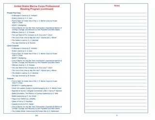 United States Marine Corps Professional                                                    Notes
                Reading Program (continued)
Private First Class
                                                                              ____________________________________________________
     • A Message to Garcia by E. Hubbard                                      ____________________________________________________
     • Ender’s Game by O. S. Card                                             ____________________________________________________
     • First to Fight: An Inside View of the U. S. Marine Corps by Krulak,
       Victor H. LtGen                                                        ____________________________________________________
     • MDDP 1 Warﬁghting                                                      ____________________________________________________
     • Once a Marine: An Iraq War Tank Commander’s Inspirational Memoir of    ____________________________________________________
       Combat, Courage, and Recovery by Nick Popaditch and Mike Steere
     • Riﬂeman Dodd by C. S. Forester                                         ____________________________________________________
     • The Last Stand of Fox Company by B. Drury and T. Clavin                ____________________________________________________
     • The Lions of Iwo Jima by Maj Gen (ret) F. Haynes and J. Warren
                                                                              ____________________________________________________
     • The Soldier’s Load by S.L.A. Marshall
     • The Ugly American by W. Burdick
                                                                              ____________________________________________________
Lance Corporal                                                                ____________________________________________________
     • A Message to Garcia by E. Hubbard                                      ____________________________________________________
     • Ender’s Game by O. S. Card
                                                                              ____________________________________________________
     • First to Fight: An Inside View of the U. S. Marine Corps by Krulak,
       Victor H. LtGen                                                        ____________________________________________________
     • MDDP 1 Warﬁghting                                                      ____________________________________________________
     • Once a Marine: An Iraq War Tank Commander’s Inspirational Memoir of
       Combat, Courage, and Recovery by Nick Popaditch and Mike Steere        ____________________________________________________
     • Riﬂeman Dodd by C. S. Forester                                         ____________________________________________________
     • The Last Stand of Fox Company by B. Drury and T. Clavin
                                                                              ____________________________________________________
     • The Lions of Iwo Jima by Maj Gen (ret) F. Haynes and J. Warren
     • The Soldier’s Load by S.L.A. Marshall
                                                                              ____________________________________________________
     • The Ugly American by W. Burdick                                        ____________________________________________________
Corporal                                                                      ____________________________________________________
     • First to Fight: An Inside View of the U. S. Marine Corps by Krulak,
       Victor H. LtGen
                                                                              ____________________________________________________
     • MCWP 6-11 Leading Marines                                              ____________________________________________________
     • Small Unit Leaders’ Guide to Counterinsurgency by U. S. Marine Corps   ____________________________________________________
     • Baghdad at Sunrise: A Brigade Commander’s War in Iraq by P. Mansoor
                                                                              ____________________________________________________
     • Battle Exhortation, The Rhetoric of Combat Leadership by K. Yellin
     • Battle Leadership by A. Von Schell
                                                                              ____________________________________________________
     • Flags of our Fathers by J. Bradley                                     ____________________________________________________
     • Gates of Fire by S. Pressﬁeld                                          ____________________________________________________
     • Imperial Grunts by R.D. Kaplan
                                                                              ____________________________________________________
     • Once a Marine: An Iraq War Tank Commander’s Inspirational Memoir of
       Combat, Courage, and Recovery by Nick Popaditch and Mike Steere        ____________________________________________________
     • The Coldest Winter: America and the Korean War by D. Halberstam

                                         240                                                            21
 