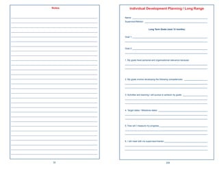 Notes                              Individual Development Planning / Long Range

____________________________________________________   Name: _____________________________________________________________
____________________________________________________   Supervisor/Mentor: ___________________________________________________

____________________________________________________
                                                                              Long Term Goals (next 12 months)
____________________________________________________
____________________________________________________   Goal 1: _____________________________________________________________
____________________________________________________   ___________________________________________________________________
____________________________________________________
                                                       Goal 2: _____________________________________________________________
____________________________________________________
                                                       ___________________________________________________________________
____________________________________________________
____________________________________________________   1. My goals have personal and organizational relevance because:
____________________________________________________   ___________________________________________________________________

____________________________________________________   ___________________________________________________________________

____________________________________________________
____________________________________________________   2. My goals involve developing the following competencies: ___________________
____________________________________________________   ___________________________________________________________________
____________________________________________________   ___________________________________________________________________

____________________________________________________
                                                       3. Activities and learning I will pursue to achieve my goals: ____________________
____________________________________________________
                                                       ___________________________________________________________________
____________________________________________________   ___________________________________________________________________
____________________________________________________
____________________________________________________   4. Target dates / Milestone dates: ________________________________________
                                                       ___________________________________________________________________
____________________________________________________
                                                       ___________________________________________________________________
____________________________________________________
____________________________________________________   5. How will I measure my progress:_______________________________________
____________________________________________________   ___________________________________________________________________

____________________________________________________   ___________________________________________________________________

____________________________________________________
                                                       6. I will meet with my supervisor/mentor:___________________________________
____________________________________________________   ___________________________________________________________________
____________________________________________________   ___________________________________________________________________
____________________________________________________

                         32                                                                    229
 