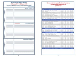 Naval Leader Weekly Planner                                                                       Community Managers/Technical Advisors
                       19 March 2011 - 25 March 2011                                                                          Ofﬁce Codes/Telephone List
       “A man has to live with himself, and he should see to it that he always has good company.”
                                                                                     ~Charles Evans Hughes
                                                                                                                                      (continued)
        Appointments

0600   ______________________
                                                                          Monday 19 March 201
                                  _____________________________________________________________              PERS                                                           BLDG   ROOM
                                                                                                                               BILLET/POSITION TITLE            PHONE NO.                   FAX NO.
                                                                                                             CODE                                                           NO.    NO.
0700   ______________________     _____________________________________________________________
                                                                                                             451E     HR SPEC(MIL) ENL DIST PROCEDURES          874-4185     791    D-107   874-2693
0800   ______________________     _____________________________________________________________              451F     HR ASST                                   874-3025     791    D-107   874-2693
                                                                                                             451G     PROGRAM ANALYST, DIST MGMT                874-4142     791    D-103   874-2693
0900   ______________________     _____________________________________________________________
                                                                                                             451H     SUPV, HR SPECIALIST (MIL)                 874-4198     791    D-103   874-2693
1000   ______________________     _____________________________________________________________              451H1    HR SPEC (MIL) DISTRIBUTION MGMT           874-4200     791    D-103   874-2693
1100   ______________________     _____________________________________________________________              451H2    HR SPEC (MIL) POLICY ANAL                 874-4186     791    D-103   874-2693
                                                                                                             451O     HR SPEC(MIL) OFCR DIST PROCEDURES         874-3516     791    D-103   874-2693
1200   ______________________     _____________________________________________________________              451X     EFM PROGRAM MANAGER                       874-2435     791    D-103   874-2693
1300   ______________________     _____________________________________________________________              451X1    EFM SENIOR PROGRAM ANALYST                874-4390     791    D-103   874-2629
                                                                                                             451X2    EFM PROGRAM ANALYST                       874-2236     791    D-103   874-2629
1400   ______________________     _____________________________________________________________
                                                                                                             451X3    EFM DATABASE MGE/PROGRAM ANALYST          874-4391     769    D-103   874-2629
1500   ______________________     _____________________________________________________________                PERS                                                         BLDG     ROOM
                                                                                                                      ALLOCATION AND STATISTICS BR              PHONE NO.                    FAX NO.
                                                                                                               CODE                                                         NO.      NO.
1600   ______________________     _____________________________________________________________
                                                                                                             452      HEAD, ALLOCATION & STATISTICS             874-4058    791    H-101B   874-2696
1800   ______________________     _____________________________________________________________              452B     ASST HEAD, ALLOCATION & STATISTICS        874-2466    791     H-101   874-2696
                                                                                                             452C     ALLOC & STAT OFFICER                      874-2344     791    H-101   874-2696
                                                                                                             452D     ALLOC & STAT OFFICER                      874-3256     791    H-101   874-2696
0600   ______________________
                                   First Day of Spring            Tuesday 20 March 2012
                                  _____________________________________________________________              452F2    ALLOC & STAT OFFICER                      874-4209     791    H-101   874-2696
0700   ______________________     _____________________________________________________________              452F     ALLOC & STAT SR MANPOWER ANALYST          874-3471     791    H-101   874-2696
                                                                                                             452F1    ALLOC & STAT HR ASST (MIL)                874-4956     791    H-101   874-2696
0800   ______________________     _____________________________________________________________
                                                                                                             452F3    ALLOC & STAT MANPOWER ANALYST             874-3493     791    H-101   874-2696
0900   ______________________     _____________________________________________________________              452F4    ALLOC & STAT HR ASST (MIL)                874-4125     791    H-101   874-2696
                                                                                                               PERS                                                         BLDG     ROOM
1000   ______________________     _____________________________________________________________                       MANNING CONTROL AUTHORITY BUPERS BR       PHONE NO.                    FAX NO.
                                                                                                               CODE                                                         NO.      NO.
1100   ______________________     _____________________________________________________________              453      HEAD, MANNING CONTROL AUTH BUPERS         874-4219     791   H-101D   874-2696
1200   ______________________     _____________________________________________________________
                                                                                                             453A     ASST MANNING CONTROL AUTH BUPERS          874-4132     791    H-101   874-2696
                                                                                                             453B     HR SPECIALIST (MIL)                       874-2341     791    H-101   874-2696
1300   ______________________     _____________________________________________________________                PERS                                                         BLDG     ROOM
                                                                                                                      DISTRIBUTION OPERATIONS MGMT BR           PHONE NO.                    FAX NO.
                                                                                                               CODE                                                         NO.      NO.
1400   ______________________     _____________________________________________________________
                                                                                                             455      HEAD, DISTRIBUTION OPS MGMT BR          874-4869       791   D-107C   874-2697
1500   ______________________     _____________________________________________________________              455A     LEAD, OFFICER SUPPORT SECTION           874-3481       791    D-107   874-2697
1600   ______________________     _____________________________________________________________              455A1    OP ANALYST OFFICER SUPPORT/TFMMS/SCR    874-4730       791    D-107   874-2697
                                                                                                             455A2    RSRCH                                   874-3310       791    D-107   874-2697
1700   ______________________     _____________________________________________________________
                                                                                                             455B     ASSUR MNGR                              874-3928       791    D-107   874-2697
1800   ______________________     _____________________________________________________________              455B1    ASSUR                                   874-3114       791    D-107   874-2697
                                                                                                             455B2    RSRCH/INFO ASSUR                        874-3101       791    D-107   874-2697
                                                                                                             455B3    RSRCH                                   874-3248       791    D-107   874-2697
0600   ______________________                                 Wednesday 21 March 2012
                                  _____________________________________________________________              455B4    OP ANALYST ENLISTED SUPPORT/CMS-ID      874-4157       791    D-107   874-2697
0700   ______________________     _____________________________________________________________              455B5    OP ANALYST/CMS-ID                       874-4140       791    D-103   874-2697
                                                                                                             455C     HEAD, PCS ORDER WRITING SUPP SEC        874-4148       791    D-107   874-2697
0800   ______________________     _____________________________________________________________              455C1    PCS ORDER SUPPORT ANALYST               874-4151       791    D-107   874-2697
0900   ______________________     _____________________________________________________________              455C2    PCS ORDER SUPPORT ANALYST               874-4149       791    D-107   874-2697
                                                                                                             455D     LEAD, HELPDESK OPERATIONS SECTION       874-3495       791    D-107   874-2697
1000   ______________________     _____________________________________________________________
                                                                                                             455D1    HELPDESK OPERATIONS ANALYST             874-4463       791    D-107   874-2697
1100   ______________________     _____________________________________________________________              455D2    HELPDESK OPERATIONS ANALYST             874-2348       791    D-107   874-2697
                                                                                                             455D3    HELPDESK OPERATIONS ANALYST             874-3486       791    D-107   874-2697
1200   ______________________     _____________________________________________________________
                                                                                                             455D4    HELPDESK OPERATIONS ANALYST                            791    D-107   874-2697
1300   ______________________     _____________________________________________________________                PERS   INFORMATION DOMINANCE CORPS AND FOREIGN               BLDG     ROOM
                                                                                                                                                              PHONE NO.                      FAX NO.
                                                                                                               CODE   AREA OFFICER ASSIGNMENTS DIVISION                     NO.      NO.
1400   ______________________     _____________________________________________________________

1500   ______________________     _____________________________________________________________

1600   ______________________     _____________________________________________________________

1700   ______________________     _____________________________________________________________

1800   ______________________     _____________________________________________________________


                                                42
                                                                                                                                                          219
 