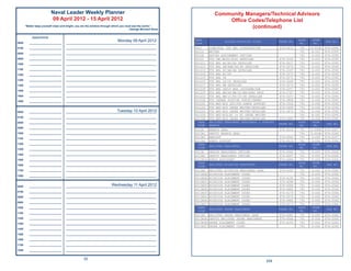 Naval Leader Weekly Planner                                                                    Community Managers/Technical Advisors
                            09 April 2012 - 15 April 2012                                                                     Ofﬁce Codes/Telephone List
       “Better keep yourself clean and bright; you are the window through which you must see the world.”
                                                                                      ~George Bernard Shaw
                                                                                                                                      (continued)
            Appointments

0600      ______________________
                                                                            Monday 09 April 2012
                                     _____________________________________________________________
                                                                                                             PERS
                                                                                                                                  BILLET/POSITION TITLE           PHONE NO.
                                                                                                                                                                              BLDG   ROOM
                                                                                                                                                                                              FAX NO.
                                                                                                             CODE                                                              NO.    NO.
0700      ______________________     _____________________________________________________________           4012      DIRECTOR, FTS ENL DISTRIBUTION             874-2473     791   H-202B   874-2595
                                                                                                             4012S     WRITER                                                  791    H-202   874-2595
0800      ______________________     _____________________________________________________________
                                                                                                             4012B     RATING ASSIGNMENT OFFICER                               791    D-200   874-2595
0900      ______________________     _____________________________________________________________           4012C     FTS CMC/MCPO/SCPO DETAILER                 874-3100     791    D-200   874-2595
1000      ______________________     _____________________________________________________________
                                                                                                             4012C1    FTS ENL AD/AO/AZ DETAILER                  874-4027     791    D-200   874-2595
                                                                                                             4012C2    FTS ENL AM/AME/AS/PR DETAILER              874-3276     791   D-200    874-2595
1100      ______________________     _____________________________________________________________           4012C3    FTS ENL AT/AE/AN DETAILER                  874-3197     791    D-200   874-2595
1200      ______________________     _____________________________________________________________           4012C4    FTS ENL NC/PS                              874-3273     791    D-200   874-2595
                                                                                                             4012C5    FTS ENL YN                                 874-3271     791    D-200   874-2595
1300      ______________________     _____________________________________________________________           4012C6    FTS ENL LS/CS DETAILER                     874-3269     791    D-200   874-2595
1400      ______________________     _____________________________________________________________           4012C7    FTS ENL HM DETAILER                        874-3274     791    D-200   874-2595
                                                                                                             4012C8    FTS ENL CEFIP MGR./AIRCREW/GSA             874-2257     791   D-200    874-2595
1500      ______________________     _____________________________________________________________
                                                                                                             4012C9    FTS ENL EN/HT/MR/DC/EM/SPEC PROG           874-2767     791   D-200    874-2595
1600      ______________________     _____________________________________________________________           4012CC    FTS ENL BM/IC/ET/IT/SN DETAILER            874-3237     791   D-200    874-2595
1800      ______________________     _____________________________________________________________
                                                                                                             4012CE    FTS CAREER RCRTING FORCE/CANREC            874-3868     791   D-208    874-2595
                                                                                                             4012D1    FTS NAT-NCS LPO/FTS ADMIN SUPPORT          874-3326     791   D-208    874-2595
                                                                                                             4012D2    FTS NAT-NCS ORDER WRITER/DETAILER          874-3499     791   D-208    874-2595
0600      ______________________                                        Tuesday 10 April 2012
                                     _____________________________________________________________           4012D3    FTS NAT-NCS ORDER WRITER/DETAILER          874-3674     791   D-208    874-2595
                                                                                                             4012D4    FTS NAT-NCS/AC to RC ORDER WRITER                       791    H-202   874-2595
0700      ______________________     _____________________________________________________________           4012D6    FTS NAT-NCS ORDER WRITER/DETAILER          874-3685     791   H-208    874-2595
0800      ______________________     _____________________________________________________________             PERS    ENLISTED PERSONNEL READINESS & SUPPORT                 BLDG    ROOM
                                                                                                                                                                  PHONE NO.                    FAX NO.
                                                                                                               CODE    BRANCH                                                  NO.     NO.
0900      ______________________     _____________________________________________________________
                                                                                                             4013A     BRANCH HEAD                                874-4126     791   D-208B   874-2027
1000      ______________________     _____________________________________________________________           4013A1    DEPUTY BRANCH HEAD                                      791   D-204B   874-2066
                                                                                                             4013A3    ANALYST                                    874-4562     791    D-208   874-2027
1100      ______________________     _____________________________________________________________
                                                                                                             4013A4    ADMIN SUPPORT                              874-4519     791   D-204    874-2066
1200      ______________________     _____________________________________________________________             PERS                                                           BLDG    ROOM
                                                                                                                       ENLISTED READINESS                         PHONE NO.                    FAX NO.
                                                                                                               CODE                                                            NO.     NO.
1300      ______________________     _____________________________________________________________
                                                                                                             4013B     SENIOR READINESS OFFICER                   874-4360     791   D-204    874-2066
1400      ______________________     _____________________________________________________________           4013B1    DEPUTY READINESS OFFICER                   874-4567     791   D-204    874-2066
1500      ______________________     _____________________________________________________________           4013B1A   ADMIN ASSISTANT                            874-4486     791   D-204    874-2066
                                                                                                               PERS                                                           BLDG    ROOM
1600      ______________________     _____________________________________________________________                     ENLISTED AVIATION READINESS                PHONE NO.                    FAX NO.
                                                                                                               CODE                                                            NO.     NO.
1700      ______________________     _____________________________________________________________           4013B2    ENLISTED   AVIATION READINESS LEAD         874-4182     791   D-206    874-2066
                                                                                                             4013B2A   AVIATION   PLACEMENT COORD                              791   D-206    874-2066
1800      ______________________     _____________________________________________________________
                                                                                                             4013B2B   AVIATION   PLACEMENT COORD                 874-4195     791   D-206    874-2066
                                                                                                             4013B2C   AVIATION   PLACEMENT COORD                 874-4288     791   D-206    874-2066
0600      ______________________                                    Wednesday 11 April 2012
                                     _____________________________________________________________           4013B2D   AVIATION   PLACEMENT COORD                 874-4584     791   D-206    874-2066
                                                                                                             4013B2E   AVIATION   PLACEMENT COORD                 874-4480     791   D-206    874-2066
0700      ______________________     _____________________________________________________________           4013B2F   AVIATION   PLACEMENT COORD                 874-4179     791   D-206    874-2066
0800      ______________________     _____________________________________________________________           4013B2G   AVIATION   PLACEMENT COORD                 874-4576     791   D-206    874-2066
                                                                                                             4013B2H   AVIATION   PLACEMENT COORD                 874-4480     791   D-206    874-2066
0900      ______________________     _____________________________________________________________
                                                                                                             4013B2I   AVIATION   PLACEMENT COORD                 874-4373     791   D-206    874-2066
1000      ______________________     _____________________________________________________________             PERS                                                           BLDG   ROOM
                                                                                                                       ENLISTED SHORE READINESS                   PHONE NO.                    FAX NO.
                                                                                                               CODE                                                            NO.    NO.
1100      ______________________     _____________________________________________________________
                                                                                                             4013B3    ENLISTED SHORE READINESS LEAD              874-4381     791   D-204    874-2066
1200      ______________________     _____________________________________________________________           4013B3A   DEPUTY ENLISTED SHORE READINESS            874-4566     791   D-204    874-2066
1300      ______________________     _____________________________________________________________           4013B3B   SHORE PLACEMENT COORD                      874-4163     791   D-204    874-2066
                                                                                                             4013B3C   SHORE PLACEMENT COORD                                   791   D-204    874-2066
1400      ______________________     _____________________________________________________________

1500      ______________________     _____________________________________________________________

1600      ______________________     _____________________________________________________________

1700      ______________________     _____________________________________________________________

1800      ______________________     _____________________________________________________________


                                                   52
                                                                                                                                                            209
 