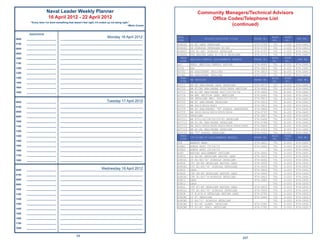 Naval Leader Weekly Planner                                                                         Community Managers/Technical Advisors
                        16 April 2012 - 22 April 2012                                                                          Ofﬁce Codes/Telephone List
          “Every time I’ve done something that doesn’t feel right, it’s ended up not being right.”
                                                                                               ~Mario Cuomo                            (continued)
        Appointments

0600   ______________________
                                                                           Monday 16 April 2012
                                   _____________________________________________________________
                                                                                                              PERS
                                                                                                                                BILLET/POSITION TITLE             PHONE NO.
                                                                                                                                                                              BLDG   ROOM
                                                                                                                                                                                             FAX NO.
                                                                                                              CODE                                                             NO.    NO.
0700   ______________________      _____________________________________________________________              406OS3   OS E5 LANT   DETAILER                      874-3758     791   C-201   874-2643
0800   ______________________      _____________________________________________________________              406OS5   OS SCHOOLS   DETAILER E1-E4                874-3759     791   C-201   874-2643
                                                                                                              406ST1   STG E1-E6/   SCHOOLS DETAILER              874-3757     791   C-201   874-2643
0900   ______________________      _____________________________________________________________              406ST2   STG RATING   LEAD E-7/E-9 DETAILER         874-3773     791   C-201   874-2643
1000   ______________________      _____________________________________________________________                PERS                                                          BLDG    ROOM
                                                                                                                       MEDICAL/DENTAL ASSIGNMENTS BRANCH          PHONE NO.                   FAX NO.
                                                                                                                CODE                                                           NO.     NO.
1100   ______________________      _____________________________________________________________                       HEAD, MEDICAL/DENTAL ASSIGN                874-4965    791    E-201   874-2645
                                                                                                              407
1200   ______________________      _____________________________________________________________              407A     RAO                                        874-3816    791    E-201   874-2645
                                                                                                              407A1    HR ASSISTANT (MIL/OA)                      874-3819     791   E-201   874-2645
1300   ______________________      _____________________________________________________________
                                                                                                              407A2    HR ASSISTANT (MIL/OA)                      874-2397     791   E-201   874-2645
1400   ______________________      _____________________________________________________________                PERS                                                          BLDG    ROOM
                                                                                                                       HM SECTION                                 PHONE NO.                   FAX NO.
                                                                                                                CODE                                                           NO.     NO.
1500   ______________________      _____________________________________________________________
                                                                                                              407C1    HM E9 SEA/SHORE LEAD DETAILER              874-4573     791   E-201   874-2645
1600   ______________________      _____________________________________________________________              407C2    HM E7/E8 SEA/SHORE 0000/8404 SECTION       874-4662     791   E-201   874-2645
1800   ______________________      _____________________________________________________________              407C3    HM E1-E8 SEA/SHORE 8427/03/93/94           874-3800     791   E-201   874-2645
                                                                                                              407C4    HM NEC SECTION LEAD DEATILER               874-2462     791   E-201   874-2645
                                                                                                              407C5    HM DETAILER NEC: 8402/07/16/52             874-3813     791   E-201   874-2645
0600   ______________________                                         Tuesday 17 April 2012
                                   _____________________________________________________________              407C6    HM E5 SEA/SHORE DETAILER                   874-3814     791   E-201   874-2645
                                                                                                              407C7    HM 8410/8425/8463                          874-3812     791   E-201   874-2645
0700   ______________________      _____________________________________________________________
                                                                                                              407C8    HM E6 SEA/SHORE/ "A" SCHOOL GRADUATES      874-3808     791   E-201   874-2645
0800   ______________________      _____________________________________________________________              407C9    HM 8432/8434/8503/8505/8506                874-3797     791   E-201   874-2645
0900   ______________________      _____________________________________________________________              407C10   DETAILER                                   874-3807     791   E-201   874-2645
                                                                                                              407C11   HM 8701/02/08/52/53/65 DETAILER            874-2408     791   E-201   874-2645
1000   ______________________      _____________________________________________________________              407C12   HM E1-E4 SEA/SHORE DETAILER                874-3799     791   E-201   874-2645
1100   ______________________      _____________________________________________________________              407C13   HM 8401/8406/8408/8409/8454/8466/8482      874-3809     791   E-201   874-2645
                                                                                                              407C14   HM E1-E4 SEA/SHORE DETAILER                874-2343     791   E-201   874-2645
1200   ______________________      _____________________________________________________________
                                                                                                              407C15   HM "C" SCHOOL DETAILER                     874-3322     791   E-201   874-2645
1300   ______________________      _____________________________________________________________                PERS                                                          BLDG    ROOM
                                                                                                                       CT/IS/EW/IT ASSIGNMENTS BRANCH             PHONE NO.                   FAX NO.
                                                                                                                CODE                                                           NO.     NO.
1400   ______________________      _____________________________________________________________
                                                                                                              408      BRANCH HEAD                                874-3821    791    D-203   874-2650
1500   ______________________      _____________________________________________________________              408A2    ADMIN ASST CT/IS/IT                        874-3842    791    D-203   874-2650
1600   ______________________      _____________________________________________________________              408A3    ADMIN ASST CT/IS/IT                                    791    D-203   874-2650
                                                                                                              408C     RATING ASSIGNMENT OFFICER                  874-3841    791    D-203   874-2650
1700   ______________________      _____________________________________________________________              408CD    IS E6-E9 DETAILER RATING LEAD              874-3833    791    D-203   874-2650
1800   ______________________      _____________________________________________________________              408CD1   IS E1-E5/'A' SCHOOLS DETAILER              874-4462    791    D-203   874-2650
                                                                                                              408CE    CTI E6-E9 DETAILER RATING LEAD             874-3835    791    D-203   874-2650
                                                                                                              408CE1   CTI E1-E5/'A' SCHOOLS DETAILER             874-3830    791    D-203   874-2650
0600   ______________________                                     Wednesday 18 April 2012
                                   _____________________________________________________________              408CF    LEAD                                       874-3826    791    D-203   874-2650
                                                                                                              408CH    CTR E6-E9 DETAILER RATING LEAD             874-3843    791    D-203   874-2650
0700   ______________________      _____________________________________________________________
                                                                                                              408CH1   CTR E1-E5/'A'SCHOOLS DETAILER              874-3823    791    D-203   874-2650
0800   ______________________      _____________________________________________________________              408CJ    LEAD                                       874-3882    791    D-203   874-2650
0900   ______________________      _____________________________________________________________              408CJ    LEAD                                                   791    D-203   874-2650
                                                                                                              408CL    CTT E7-E9 DETAILER RATING LEAD             874-3825    791    D-203   874-2650
1000   ______________________      _____________________________________________________________              408CL1   CTT E1-E5/'A' SCHOOLS DETAILER             874-3840    791    D-203   874-2650
1100   ______________________      _____________________________________________________________              408CM    IT E-8/E-9 DETAILER RATING LEAD            874-3792    791    D-203   874-2650
                                                                                                              408CM1   IT E7 DETAILER                             874-3464    791    D-203   874-2650
1200   ______________________      _____________________________________________________________
                                                                                                              408CM3   IT E6/'C' SCHOOLS DETAILER                             791    D-203   874-2650
1300   ______________________      _____________________________________________________________              408CM2   IT E1-E5 (LANT) DETAILER                   874-2365    791    D-203   874-2650
                                                                                                              408CM5   IT E1-E5 (PAC) DETAILER                    874-3785    791    D-203   874-2650
1400   ______________________      _____________________________________________________________

1500   ______________________      _____________________________________________________________

1600   ______________________      _____________________________________________________________

1700   ______________________      _____________________________________________________________

1800   ______________________      _____________________________________________________________


                                                 54
                                                                                                                                                            207
 