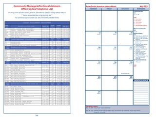 Community Managers/Technical Advisors                                                          Asian/Paciﬁc American History Month                                                                       May 2012
                    Ofﬁce Codes/Telephone List                                                                       THURSDAY                        FRIDAY                     SATURDAY                        REMINDERS
                                                                                                                                                                                                        FITREPS/Evals due:
       ***Listing current at time of printing, however, information is subject to change without notice***                                                                                              USN
                                                                                                                                                                                                        31 - O-1 (All)
                             ***Names were omitted due to high turnover rate***
                  For commercial phone numbers use: (901) 874-XXXX (DSN 882-XXXX)                                                                                                                       USMC
                                                                                                                                                                                                        31 - Capt (Active)
                                                                                                                                                                                                        31 - Maj (Active)
                                                                                                                                                                                                        31 - LtCol (Active)
                                CAREER MANAGEMENT DEPARTMENT
                                                                                                                                                                                                        31 - Col (Active)
PERS                                                                            BLDG       ROOM                                                                                                         31 - MGySgt/SgtMaj (Reserve)
                        BILLET/POSITION TITLE                    PHONE NO.                           FAX NO.
CODE                                                                             NO.       NO.
4           ACNPC, CAREER MGMT DEPARTMENT                        874-3537        791      D-108     874-2606                                                                                            Mid-term Counseling due:

4B          DEPUTY, CAREER MGMT DEPARTMENT                                       791      D-108     874-2606                                                                                            USN
                                                                                                                                                                                                        E-6 (All)
4DEA        FLAG SECDEPUTY EXEC ASST                            874-3528        791      D-108     874-2606
4EA         EXEC ASST TO ACNPC                                   874-4073        791      D-108     874-2606
                                                                                                                                       3                             4                             5    Boards convening:
                                                                                                                                   124/242                      125/241                       126/240
                                                                                                                                                                                                        USN
4SEA        SENIOR ENLISTED ADVISOR                              874-2216        791      D-110     874-2606                                                                                            01 - NASA Astronaut (PERS 45S)
4W          FLAG WRITER                                          874-3538        791      D-108     874-2606                                                                                            08 - Active O-4 Staff (PERS 8)
  PERS                                                                          BLDG       ROOM                                                                                                         08 - Active O-3 Staff Continuation
            CAREER MANAGEMENT SECRETARIATE OFC                   PHONE NO.                           FAX NO.                                                                                                 (PERS 8)
  CODE                                                                           NO.        NO.                                                                                                         08 - Supply Corps Post Graduate
4S1         SECRETARIATE                                         874-3530        791      D-110     874-2606                                                                                               Education Screen
                                                                                                                                                                                                           (PERS 4412)
4S2         SECRETARIATE                                         874-3535        791      D-110     874-2606                                                                                            08 - Active Staff Junior Service
4S3         CAREER MGMT SEC OFC ADMIN SUPPORT                    874-3529        791      D-110     874-2606                                                                                                 College (PERS 8)
  PERS                                                                          BLDG       ROOM                                                                                                         14 - Reserve E-7 (PERS 8)
  CODE
            AUGMENTATION DIVISON                                 PHONE NO.
                                                                                 NO.        NO.
                                                                                                     FAX NO.                         10                            11                             12    14 - FTS E-7 (PERS 8)
                                                                                                                                   131/235                      132/234                       133/233   14 - Submarine CO/XO Screen
4G          DIR, AUGMENTATION                        874-2191                   791       G-108     874-4683                                                                                                 (PERS 42)
                                                                                                                                                                                                        14 - Submarine Dept Head
4GA         ASSISTANT DEPUTY DIRECTOR                874-4517                    791      G-108     874-4683                                                                                                 Screen (PERS 42)
4GB         ASSISTANT DEPUTY DIRECTOR SAILOR ADV/MOB 874-4687                    791      G-108     874-4683                                                                                            17 - CNRC Career Recruiter
4GC         ADMIN OFFICER AUGMENTATION               874-3090                    791      G-108     874-4683                                                                                                 Force (CRF) (CNRC)
                                                                                                                                                                                                        21 - FTS Selective Release From
4GD1        ADMIN ASST/LPO, AUGMENTATION             874-2881                    791      G-108     874-4683                                                                                                 Active Duty (SERAD)
4GD2        ADMIN ASST, AUGMENTATION                 874-4892                    791      G-108     874-4683                                                                                                 (PERS 92)
                                                                                                                                                                                                        29 - NFO to Pilot (PERS 43)
4GE         MEDICAL OFFICER, POLICY & PROC.          874-2872                    791      G-108     874-4683                                                                                            29 - Aviation Dept Hd Screen
  PERS                                                                          BLDG       ROOM                                                                                                              (PERS 43)
  CODE      MOB ORDER WRITING/SAILOR ADVOCACY BR
                                                                 PHONE NO.
                                                                                 NO.        NO.
                                                                                                     FAX NO.                         17                            18                             19
                                                                                                                                   138/228                      139/227                       140/226
4G1         BR. HEAD, RESERVE MOBILIZATION                       874-2899        791      G-108     874-4683                                                                                            USMC
4G1D1       MOB/DEMOB DETAILER                                   874-3637        791      G-108     874-4683                                                                                            None
4G1D2       MOB/DEMOB DETAILER                                                   791      G-108     874-4683
4G1D3       ORDER WRITER                                         874-2879        791      G-108     874-4683
4G1D4       MOB SAILOR ADVOCACY                                  874-2898        791      G-108     874-4683
4G1D5       MOB/DEMOB DETAILER                                                   791      G-108     874-4683                                                                   Armed Forces Day
4G1D6       MOB SAILOR ADVOCACY                                  874-2300        791      G-108     874-4683
4G1M        MOB SAILOR ADVOCACY                                  874-3634        791      G-108     874-4683
4G1M3       MOB SAILOR ADVOCACY                                  874-3061        791      G-108     874-4683
                                                                                                                                     24                            25                             26
                                                                                                                                   145/221                      146/220                       147/219
4G1M5       MOB SAILOR ADVOCACY                                  874-4686        791      G-108     874-4683
                                                                                                                                                                                                         MONTHLY GOALS
4G1M6       MOB SAILOR ADVOCACY                                  874-4684        791      G-108     874-4683
  PERS                                                                          BLDG       ROOM
            ACTIVE DUTY FOR SPEC WORK (ADSW) BR                  PHONE NO.                           FAX NO.
  CODE                                                                           NO.        NO.
4G2A        BR HEAD, ADSW                                        874-2878        791      G-108     874-4683
4G2A1       ADSW ADJUDICATOR                                     874-2413        791      G-108     874-2738
4G2A2       ADSW ADMIN SUPPORT                                                   791      G-108     874-2738
4G2A3       ADSW PROGRAM MGR                                     874-4478        791      G-108     874-2738
4G2A4       ADSW DETAILER LCPO                                   874-3494        791      g-108     874-4683
                                                                                                                                     31
                                                                                                                                   152/214
4G2A5       ADSW DETAILER                                        874-3491        791      G-108     874-2738
4G2A5       ADSW DETAILER / PROGRAM POLICY                       874-2703        791      G-108     874-2738
4G2A7       ADSW DETAILER                                                        791      G-108     874-2738
4G2A8       ADSW DETAILER                                        874-2883        791      G-108     874-2738
4G2A9       ADSW DETAILER /ORDER WRITER                          874-3213        791      G-108     874-2738
4G2A10      ADSW DETAILER/ORDER WRITER                           874-2190        791      G-108     874-2738
4G2A11      ADSW ORDER WRITER                                    874-4295        791      G-108     874-2738
                                                                                                               This Month In History
                                                                                                               May 13, 1908 - Navy Nurse Corps established.

                                                                                                               May 18, 1775 - Benedict Arnold captures British sloop and renames her Enterprise, ﬁrst of many famous
                                                                                                                              ships with that name.


                                                     200
 
