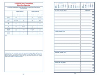 May 2012                      June 2012                           July 2012
                             FITREP/EVAL/Counseling                                                              S   M   T     W    T    F     S   S   M   T    W    T    F     S    S    M    T    W    T     F     S
                                                                                                                          1     2    3    4    5                           1    2    1     2    3    4    5     6    7
                                Planning Calendar                                                                6   7    8     9   10   11   12   3   4    5    6    7    8    9    8     9   10   11   12    13   14
                                                                                                                 13 14   15    16   17   18   19   10 11   12   13   14   15   16    15   16   17   18   19    20   21
          FITREP/EVAL ending dates are the last day of the month for ofﬁcers and the 15th day of the             20 21   22    23   24   25   26   17 18   19   20   21   22   23    22   23   24   25   26    27   28
                                                                                                                 27 28   29    30   31             24 25   26   27   28   29   30    29   30   31
                                            month for enlisted.

                                                                                                                                                                                                Appointments
                                                                                                                 Thursday 03 May 2012
                                                                                                                _____________________________________________________________       _________________________       0600
                                    PERIODIC FITREP/EVAL                    MIDTERM COUNSELING

                                                                                                                _____________________________________________________________       _________________________       0700

                                                                                                                _____________________________________________________________       _________________________       0800
                             Ofﬁcers (all)         Enlisted (all)        Ofﬁcers (all)         Enlisted (all)
                                                                                                                _____________________________________________________________       _________________________       0900

         January                 O-3                                         O-6               E3, E2, E1       _____________________________________________________________       _________________________       1000

         February                O-2                                                                            _____________________________________________________________       _________________________       1100
          March             W5, W4, W3                  E5                   W2                   E8, E7        _____________________________________________________________       _________________________       1200
           April                 O-5                    E9                   O-4                                _____________________________________________________________       _________________________       1300
           May                   O1                                                                 E6          _____________________________________________________________       _________________________       1400
           June                                         E4                                                      _____________________________________________________________       _________________________       1500
           July                  O-6                E3, E2, E1               O-3                                _____________________________________________________________       _________________________       1600
          August                                                             O-2                                _____________________________________________________________       _________________________       1700
     September                   W2                   E8, E7             W5, W4, W3                 E5          _____________________________________________________________       _________________________       1800
         October                 O-4                                         O-5                    E9
                                                                                                                 Friday 04 May 2012
         November                                       E6                   O-1
                                                                                                                _____________________________________________________________       _________________________       0600
         December                                                                                   E4
                                                                                                                _____________________________________________________________       _________________________       0700
Notes:                                                                                                          _____________________________________________________________       _________________________       0800

                                                                                                                _____________________________________________________________       _________________________       0900

                                                                                                                _____________________________________________________________       _________________________       1000

                                                                                                                _____________________________________________________________       _________________________       1100

                                                                                                                _____________________________________________________________       _________________________       1200

                                                                                                                _____________________________________________________________       _________________________       1300

                                                                                                                _____________________________________________________________       _________________________       1400

                                                                                                                _____________________________________________________________       _________________________       1500

                                                                                                                _____________________________________________________________       _________________________       1600

                                                                                                                _____________________________________________________________       _________________________       1700

                                                                                                                _____________________________________________________________       _________________________       1800


A periodic report may be omitted if the member has received a graded regular report within the
                                                                                                                 Saturday 05 May 2012
                                                                                                                _____________________________________________________________       _________________________       0900
past three months. The omitted period is then included in the next regular report. Otherwise, the
periodic report must be submitted on the due date, but may then be extended by letter for up to                 _____________________________________________________________       _________________________       1100
three months in place of a detachment report.                                                                   _____________________________________________________________       _________________________       1300

                                                                                                                _____________________________________________________________       _________________________       1500

                                                                                                                _____________________________________________________________       _________________________       1700


                                                                                                                 Sunday 06 May 2012
                                                                                                                _____________________________________________________________       _________________________       0900

                                                                                                                _____________________________________________________________       _________________________       1100

                                                                                                                _____________________________________________________________       _________________________       1300

                                                                                                                _____________________________________________________________       _________________________       1500

                                                                                                                _____________________________________________________________       _________________________       1700



                                                                                                                                                                     63
                                                     198
 