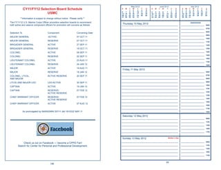 May 2012                      June 2012                               July 2012
               CY11/FY12 Selection Board Schedule                                    S   M   T
                                                                                              1
                                                                                                   W
                                                                                                    2
                                                                                                        T
                                                                                                         3
                                                                                                             F
                                                                                                              4
                                                                                                                   S
                                                                                                                   5
                                                                                                                       S   M   T    W    T     F
                                                                                                                                                1
                                                                                                                                                     S
                                                                                                                                                     2
                                                                                                                                                             S
                                                                                                                                                             1
                                                                                                                                                                  M
                                                                                                                                                                   2
                                                                                                                                                                       T
                                                                                                                                                                        3
                                                                                                                                                                            W
                                                                                                                                                                             4
                                                                                                                                                                                 T
                                                                                                                                                                                  5
                                                                                                                                                                                       F
                                                                                                                                                                                        6
                                                                                                                                                                                             S
                                                                                                                                                                                             7
                                                                                     6   7    8     9   10   11   12   3   4    5    6    7     8    9       8     9   10   11   12    13   14
                             USMC                                                    13 14   15    16   17   18   19   10 11   12   13   14    15   16       15   16   17   18   19    20   21
                                                                                     20 21   22    23   24   25   26   17 18   19   20   21    22   23       22   23   24   25   26    27   28
                                                                                     27 28   29    30   31             24 25   26   27   28    29   30       29   30   31
          **Information is subject to change without notice. Please verify.**
The FY11/12 U.S. Marine Corps Ofﬁcer promotion selection boards to recommend                                                                                            Appointments
                                                                                      Thursday 10 May 2012
both active and reserve component ofﬁcers for promotion will convene as follows:     _____________________________________________________________          _________________________       0600

                                                                                     _____________________________________________________________          _________________________       0700

                                                                                     _____________________________________________________________          _________________________       0800
Selection To                          Component                     Convening Date
                                                                                     _____________________________________________________________          _________________________       0900
MAJOR GENERAL                          ACTIVE                      07 OCT 11
                                                                                     _____________________________________________________________          _________________________       1000
MAJOR GENERAL                         RESERVE                       07 OCT 11        _____________________________________________________________          _________________________       1100
BRIGADIER GENERAL                     ACTIVE                        27 SEP 11        _____________________________________________________________          _________________________       1200

BRIGADIER GENERAL                     RESERVE                       18 OCT 11        _____________________________________________________________          _________________________       1300

COLONEL                               ACTIVE                        08 SEP 11        _____________________________________________________________          _________________________       1400

                                                                                     _____________________________________________________________          _________________________       1500
COLONEL                               RESERVE                       20 SEP 11
                                                                                     _____________________________________________________________          _________________________       1600
LIEUTENANT COLONEL                    ACTIVE                        23 AUG 11
                                                                                     _____________________________________________________________          _________________________       1700
LIEUTENANT COLONEL                    RESERVE                       24 JAN 12        _____________________________________________________________          _________________________       1800
MAJOR                                 ACTIVE                        16 AUG 11
                                                                                      Friday 11 May 2012
MAJOR                                 RESERVE                       18 JAN 12        _____________________________________________________________          _________________________       0600

                                                                                     _____________________________________________________________          _________________________       0700
COLONEL, LTCOL,                       ACTIVE RESERVE                20 SEP 11
AND MAJOR                                                                            _____________________________________________________________          _________________________       0800

                                                                                     _____________________________________________________________          _________________________       0900
LTCOL AND MAJOR LDO                   LDO ACTIVE                    30 SEP 11
                                                                                     _____________________________________________________________          _________________________       1000
CAPTAIN                               ACTIVE                        19 JAN 12
                                                                                     _____________________________________________________________          _________________________       1100
CAPTAIN                               RESERVE/                      07 FEB 12
                                                                                     _____________________________________________________________          _________________________       1200
                                      ACTIVE RESERVE
                                                                                     _____________________________________________________________          _________________________       1300
CHIEF WARRANT OFFICER                 RESERVE/                      07 FEB 12
                                                                                     _____________________________________________________________          _________________________       1400
                                      ACTIVE RESERVE
                                                                                     _____________________________________________________________          _________________________       1500
CHIEF WARRANT OFFICER                 ACTIVE                        07 AUG 12
                                                                                     _____________________________________________________________          _________________________       1600

                                                                                     _____________________________________________________________          _________________________       1700
               As promulgated by MARADMIN 307/11 dtd 181033Z MAY 11                  _____________________________________________________________          _________________________       1800

                                                                                      Saturday 12 May 2012
                                                                                     _____________________________________________________________          _________________________       0900

                                                                                     _____________________________________________________________          _________________________       1100

                                                                                     _____________________________________________________________          _________________________       1300

                                                                                     _____________________________________________________________          _________________________       1500

                                                                                     _____________________________________________________________          _________________________       1700


                                                                                      Sunday 13 May 2012                                     Mother’s Day

                                                                                     _____________________________________________________________          _________________________       0900
            Check us out on Facebook — become a CPPD Fan!
        Search for Center for Personal and Professional Development.                 _____________________________________________________________          _________________________       1100

                                                                                     _____________________________________________________________          _________________________       1300

                                                                                     _____________________________________________________________          _________________________       1500

                                                                                     _____________________________________________________________          _________________________       1700



                                                                                                                                         65
                                         196
 