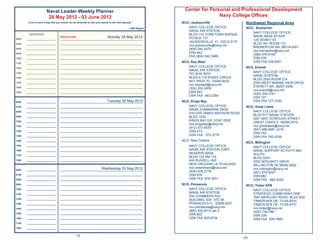 Naval Leader Weekly Planner                                                            Center for Personal and Professional Development
                        28 May 2012 - 03 June 2012                                                                           Navy College Ofﬁces
       “Live in such a way that you would not be ashamed to sell your parrot to the town gossip.”            NCO, Jacksonville                Northwest Regional Area
                                                                                             ~ Will Rogers      NAVY COLLEGE OFFICE           NCO, Bremerton
                                                                                                                NAVAL AIR STATION
        Appointments
         pp                                                                                                                                      NAVY COLLEGE OFFICE
                                                                                                                BLDG 110 YORKTOWN AVENUE
                                   Memorial Day                       Monday 28 May 2012                                                         NAVAL BASE KITSAP
                                                                                                                PO BOX 137
0600   ______________________      _____________________________________________________________                                                 120 DEWEY ST
                                                                                                                JACKSONVILLE FL 32212-0137
0700   ______________________      _____________________________________________________________                                                 BLDG 491 ROOM 112
                                                                                                                nco.jacksonville@navy.mil
                                                                                                                                                 BREMERTON WA 98314-0001
0800   ______________________      _____________________________________________________________                (904) 542-2475
                                                                                                                                                 nco.bremerton@navy.mil
                                                                                                                DSN 942
0900   ______________________      _____________________________________________________________                                                 (360) 476-9193
                                                                                                                FAX (904) 542-3969
1000   ______________________      _____________________________________________________________                                                 DSN 439
1100   ______________________      _____________________________________________________________             NCO, Key West                       DSN FAX 439-6551
1200   ______________________      _____________________________________________________________
                                                                                                                NAVY COLLEGE OFFICE           NCO, Everett
                                                                                                                NAVAL AIR STATION
                                                                                                                                                 NAVY COLLEGE OFFICE
1300   ______________________      _____________________________________________________________                PO BOX 9033
                                                                                                                                                 NAVAL STATION
1400   ______________________      _____________________________________________________________                BLDG A 718 ESSEX CIRCLE
                                                                                                                                                 BLDG 2000 ROOM 214
                                                                                                                KEY WEST FL 33040-9033
1500   ______________________      _____________________________________________________________                                                 2000 WEST MARINE VIEW DRIVE
                                                                                                                nco.keywest@navy.mil
                                                                                                                                                 EVERETT WA 98207-2000
1600   ______________________      _____________________________________________________________                (305) 293-2408
                                                                                                                                                 nco.everett@navy.mil
1800   ______________________      _____________________________________________________________                DSN 483
                                                                                                                                                 (425) 304-3161
                                                                                                                DSN FAX 483-2294
                                                                                                                                                 DSN 727
0600   ______________________                                         Tuesday 29 May 2012
                                   _____________________________________________________________             NCO, Kings Bay                      DSN FAX 727-3162
0700   ______________________      _____________________________________________________________                NAVY COLLEGE OFFICE           NCO, Great Lakes
                                                                                                                NAVAL SUBMARINE BASE
0800   ______________________      _____________________________________________________________                                                 NAVY COLLEGE OFFICE
                                                                                                                918 USS JAMES MADISON ROAD
                                                                                                                                                 BLDG 617 NAVAL STATION
0900   ______________________      _____________________________________________________________                BLDG 1030
                                                                                                                                                 2221 MAC DONOUGH STREET
                                                                                                                KINGS BAY GA 31547-2532
1000   ______________________      _____________________________________________________________                                                 GREAT LAKES IL 60088-3012
                                                                                                                nco.kingsbay@navy.mil
1100   ______________________      _____________________________________________________________                                                 nco.greatlakes@navy.mil
                                                                                                                (912) 573-4574
                                                                                                                                                 (847) 688-4681 x219
1200   ______________________      _____________________________________________________________                DSN 573
                                                                                                                                                 DSN 792
                                                                                                                DSN FAX 573-3775
1300   ______________________      _____________________________________________________________                                                 DSN FAX 792-5339
1400   ______________________      _____________________________________________________________             NCO, New Orleans
                                                                                                                                              NCO, Millington
1500   ______________________      _____________________________________________________________                 NAVY COLLEGE OFFICE             NAVY COLLEGE OFFICE
1600   ______________________      _____________________________________________________________                 NAVAL AIR STATION JOINT         NAVAL SUPPORT ACTIVITY MID
                                                                                                                 RESERVE BASE                    SOUTH
1700   ______________________      _____________________________________________________________
                                                                                                                 BLDG 123 RM 118                 BLDG S241
1800   ______________________      _____________________________________________________________                 400 RUSSELL AVE                 5722 INTEGRITY DRIVE
                                                                                                                 NEW ORLEANS LA 70143-0000       MILLINGTON TN 38054-5002
                                                                  Wednesday 30 May 2012                          nco.neworleans@navy.mil         nco.millington@navy.mil
0600   ______________________      _____________________________________________________________
                                                                                                                 (504) 678-3779                  (901) 874-5291
0700   ______________________      _____________________________________________________________                 DSN 678                         DSN 882
0800   ______________________      _____________________________________________________________                 DSN FAX 678-3831                DSN FAX 882-5292
0900   ______________________      _____________________________________________________________             NCO, Pensacola                   NCO, Tinker AFB
1000   ______________________      _____________________________________________________________                NAVY COLLEGE OFFICE              NAVY COLLEGE OFFICE
1100   ______________________      _____________________________________________________________
                                                                                                                NAVAL AIR STATION                STRATEGIC COMM WING ONE
                                                                                                                250 CHAMBERS AVE                 7641 MERCURY ROAD BLDG 830
1200   ______________________      _____________________________________________________________                BUILDING 634 STE 58              TINKER AFB OK 73145-8701
1300   ______________________      _____________________________________________________________                PENSACOLA FL 32508-5237          TINKER AFB OK 73145-8701
1400   ______________________      _____________________________________________________________
                                                                                                                nco.pensacola@navy.mil           nco.tinker@navy.mil
                                                                                                                (850) 452-4510 opt 2             (405) 739-7861
1500   ______________________      _____________________________________________________________                DSN 922                          DSN 339
1600   ______________________      _____________________________________________________________                DSN FAX 922-8704                 DSN FAX 339-7860
1700   ______________________      _____________________________________________________________

1800   ______________________      _____________________________________________________________


                                                70
                                                                                                                                             191
 