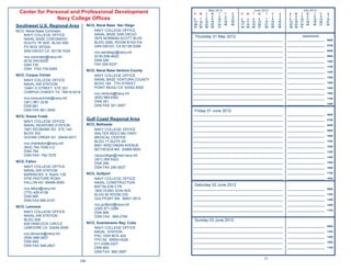 May 2012                      June 2012                           July 2012
 Center for Personal and Professional Development                      S   M   T     W    T    F     S   S   M   T    W    T    F     S    S    M    T    W    T     F     S
                                                                                1     2    3    4    5                           1    2    1     2    3    4    5     6    7
                Navy College Ofﬁces                                    6   7    8     9   10   11   12   3   4    5    6    7    8    9    8     9   10   11   12    13   14
                                                                       13 14   15    16   17   18   19   10 11   12   13   14   15   16    15   16   17   18   19    20   21
                                      NCO, Naval Base San Diego        20 21   22    23   24   25   26   17 18   19   20   21   22   23    22   23   24   25   26    27   28
Southwest U.S. Regional Area                                           27 28   29    30   31             24 25   26   27   28   29   30    29   30   31
NCO, Naval Base Coronado                 NAVY COLLEGE OFFICE
   NAVY COLLEGE OFFICE                   NAVAL BASE SAN DIEGO
                                         3975 NORMAN SCOTT BLVD         Thursday 31 May 2012                                                          Appointments
   NAVAL BASE CORONADO                                                 _____________________________________________________________      _________________________       0600
   SOUTH “R” AVE BLDG 650                BLDG 3280, ROOM B103/104
   PO BOX 357024                         SAN DIEGO, CA 92136-5098      _____________________________________________________________      _________________________       0700

   SAN DIEGO CA 92135-7024                nco.sandiego@navy.mil        _____________________________________________________________      _________________________       0800

   nco.coronado@navy.mil                  (619)-556-4922               _____________________________________________________________      _________________________       0900
   (619) 545-6259                         DSN 526                      _____________________________________________________________      _________________________       1000
   DSN 735                                FAX 556-5337
                                                                       _____________________________________________________________      _________________________       1100
   DSN FAX-735-6260                   NCO, Naval Base Ventura County   _____________________________________________________________      _________________________       1200
NCO, Corpus Christi                      NAVY COLLEGE OFFICE           _____________________________________________________________      _________________________       1300
   NAVY COLLEGE OFFICE                   NAVAL BASE VENTURA COUNTY
   NAVAL AIR STATION                     BLDG 160 7TH STREET           _____________________________________________________________      _________________________       1400

   10461 D STREET STE 201                POINT MUGU CA 93042-5000      _____________________________________________________________      _________________________       1500
   CORPUS CHRISTI TX 78419-5018           nco.ventura@navy.mil         _____________________________________________________________      _________________________       1600
   nco.corpuschristi@navy.mil             (805) 989-8362               _____________________________________________________________      _________________________       1700
   (361) 961-3236                         DSN 351
                                                                       _____________________________________________________________      _________________________       1800
   DSN 861                                DSN FAX 351-3007
   DSN FAX 861-3540                                                     Friday 01 June 2012
                                                                       _____________________________________________________________      _________________________       0600
NCO, Goose Creek
                                      Gulf Coast Regional Area         _____________________________________________________________      _________________________       0700
   NAVY COLLEGE OFFICE
   NAVAL WEAPONS STATION              NCO, Bethesda                    _____________________________________________________________      _________________________       0800
   1661 REDBANK RD STE 140               NAVY COLLEGE OFFICE           _____________________________________________________________      _________________________       0900
   BLDG 302                              WALTER REED MILITARY
                                                                       _____________________________________________________________      _________________________       1000
   GOOSE CREEK SC 29445-6511             MEDICAL CENTER
                                         BLDG 17 SUITE 2D              _____________________________________________________________      _________________________       1100
   nco.charleston@navy.mil
                                         8901 WISCONSIN AVENUE
   (843) 764-7009 x12                                                  _____________________________________________________________      _________________________       1200
                                         BETHESDA MD 20889-5600
   DSN 794                                                             _____________________________________________________________      _________________________       1300
   DSN FAX 794-7076                       navycollege@med.navy.mil     _____________________________________________________________      _________________________       1400
                                          (301) 295-5423
NCO, Fallon
                                          DSN 295                      _____________________________________________________________      _________________________       1500
   NAVY COLLEGE OFFICE                    DSN FAX 295-2637             _____________________________________________________________      _________________________       1600
   NAVAL AIR STATION
                                      NCO, Gulfport                    _____________________________________________________________      _________________________       1700
   BARRACKS 4, Room 128
   4755 PASTURE ROAD                     NAVY COLLEGE OFFICE           _____________________________________________________________      _________________________       1800
   FALLON NV 89496-5000                  NAVAL CONSTRUCTION
                                         BATTALION CTR                  Saturday 02 June 2012
   nco.fallon@navy.mil                                                 _____________________________________________________________      _________________________       0900
                                         1800 DONG XOAI AVE
   (775) 426-4108
                                         BLDG 60 ROOM 239              _____________________________________________________________      _________________________       1100
   DSN 890
                                         GULFPORT MS 39501-5010
   DSN FAX 890-4107                                                    _____________________________________________________________      _________________________       1300
                                          nco.gulfport@navy.mil        _____________________________________________________________      _________________________       1500
NCO, Lemoore
                                          (228) 871-3284               _____________________________________________________________      _________________________       1700
   NAVY COLLEGE OFFICE                    DSN 868
   NAVAL AIR STATION                      DSN FAX 868-2784
   BLDG 828                                                             Sunday 03 June 2012
   828 HANCOCK CIRCLE                 NCO, Guantanamo Bay, Cuba
                                                                       _____________________________________________________________      _________________________       0900
   LEMOORE CA 93246-5009                 NAVY COLLEGE OFFICE
                                         NAVAL STATION                 _____________________________________________________________      _________________________       1100
   nco.lemoore@navy.mil
                                         PSC 1005 BOX 424
   (559) 998-3857                                                      _____________________________________________________________      _________________________       1300
                                         FPO AE 09593-0028
   DSN 949                                                             _____________________________________________________________      _________________________       1500
                                         011-5399-2227
   DSN FAX 949-2607
                                         DSN 660                       _____________________________________________________________      _________________________       1700
                                         DSN FAX 660-3997
                                                                                                                           71
                                190
 