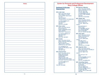 Notes                            Center for Personal and Professional Development
                                                                        Navy College Ofﬁces
____________________________________________________   Northeast U.S./Europe              NCO Bahrain at Manama
                                                       Regional Area                         NAVY COLLEGE OFFICE
____________________________________________________                                         NAVAL SUPPORT ACTIVITY
                                                                                             PSC 451 BOX 380
____________________________________________________   NCO, Little Creek                     FPO AE 09834-0380
                                                          NAVY COLLEGE OFFICE                nco.bahrain@me.navy.mil
____________________________________________________      JEB LCREEK FT STORY                011-973-17-85-3194/9446
                                                          LITTLE CREEK BLDG 3016             DSN 439
____________________________________________________      STE 204                            DSN FAX 318-439-3660
____________________________________________________      1481 D STREET                   NCO, Naples, Italy
                                                          VIRGINIA BEACH VA 23459-2434
                                                                                              NAVY COLLEGE OFFICE
____________________________________________________       nco.littlecreek@navy.mil           NAVAL SUPPORT ACTIVITY
                                                           (757) 462-8279                     PSC 817 BOX 102
____________________________________________________       DSN 253                            FPO AE 09622-0102
____________________________________________________       DSN FAX 253-4693               Location:
                                                       NCO, New London                         Bldg 442A Admin II
____________________________________________________      NAVY COLLEGE OFFICE                  Room G-036.1
                                                          BLDG 83 BOX 74                       nco.naples@eu.navy.mil
____________________________________________________      NAVAL SUBMARINE BASE                 (011) 39-081-568-6681
____________________________________________________      NEW LONDON                           DSN 314-626-6681
                                                          GROTON CT 06349-5074                 FAX (011) 39-081-568-6682
____________________________________________________       nco.newlondon@navy.mil         NCO, Rota, Spain
                                                           (860) 694-3335                     NAVY COLLEGE OFFICE
____________________________________________________       DSN 694                            NAVAL STATION ROTA
____________________________________________________       DSN FAX 694-4923                   PSC 819 BOX 54
                                                       NCO, Norfolk                           FPO AE 09645-0054
____________________________________________________                                      Location:
                                                          NAVY COLLEGE OFFICE                 Bldg 268 Level O
____________________________________________________      NAVAL STATION, NORFOLK              nco.rota@eu.navy.mil
                                                          BLDG IE STE 201                     (011) 34-956-82-2785
____________________________________________________      1680 GILBERT STREET                 DSN 727
                                                          NORFOLK VA 23511-2906               DSN FAX 314 -727-2994
____________________________________________________       nco.norfolk@navy.mil           NCO, Sigonella, Sicily
                                                           COM (757 )444-7453 or 7454
____________________________________________________       DSN (564)                          NAVY COLLEGE OFFICE
                                                           DSN 565-1555                       NAVAL AIR STATION SIGONELLA
____________________________________________________                                          PSC 812 BOX 2140
                                                       NCO, Patuxent River                    FPO AE 09627-2140
____________________________________________________      NAVY COLLEGE OFFICE             Location:
____________________________________________________      NAVAL AIR STATION                    Bldg 318 room 1107
                                                          HUMAN RESOURCE                       NAS1
____________________________________________________      DEPARTMENT                           si.navycollege@eu.navy.mil
                                                          NAWCAD UNIT 2189                     (011) 39-09556-4514
____________________________________________________      21866 CEDAR POINT ROAD               DSN 624
                                                          PATUXENT RIVER MD 20670-1156         FAX (011) 39-09556-4515
____________________________________________________       nco.paxriver@navy.mil          NCO, Souda Bay, Greece
                                                           (301) 757-4111
____________________________________________________       DSN 757                           NAVAL SUPPORT ACTIVITY
                                                       FAX (301) 342-2665                    SOUDA BAY
____________________________________________________                                         PSC 814 BOX 9
                                                                                             FPO AE 09865-0009
____________________________________________________                                         SB-NSA-ESO@eu.navy.mil
____________________________________________________                                         On-base 266-1689
                                                                                             CONUS DSN 314-266-1689
                                                                                             DSN 266

                         72                                                              189
 