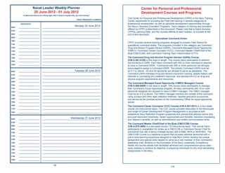 Naval Leader Weekly Planner                                                                         Center for Personal and Professional
                        25 June 2012 - 01 July 2012                                                                        Development Courses and Programs
           “It takes less time to do a thing right, than it does to explain why you did it wrong.”
                                                                                                              The Center for Personal and Professional Development (CPPD) is the Navy Training
                                                                                ~Henry Wadsworth Longfellow
                                                                                                              Center responsible for providing the Fleet with training in several categories of
        Appointments                                                                                          professional development, as well as personal development opportunities through
0600   ______________________
                                                                              Monday 25 June 2012
                                    _____________________________________________________________             the Navy’s Voluntary Education Programs. Each category of training and education
                                                                                                              offered by CPPD is described in this document. Please note that a matrix showing
0700   ______________________       _____________________________________________________________
                                                                                                              CPPDs Learning Sites, and the courses offered at each location, is included at the
0800   ______________________       _____________________________________________________________             end of this document.
0900   ______________________       _____________________________________________________________
                                                                                                                                         Specialized Command Duties
1000   ______________________       _____________________________________________________________
                                                                                                              CPPD provides several training programs designed to prepare Fleet Sailors for
1100   ______________________       _____________________________________________________________
                                                                                                              specialized command duties. The programs included in this category are Command
1200   ______________________       _____________________________________________________________             Drug and Alcohol Program Advisor (DAPA); Command-Managed Equal Opportunity
1300   ______________________       _____________________________________________________________             (CMEO); Command Career Counselor (CCC); Command Master Chief/Chief of the
1400   ______________________       _____________________________________________________________
                                                                                                              Boat (CMC/COB); and Command Training Team Indoctrination (CTTI).
1500   ______________________       _____________________________________________________________             The Command Drug and Alcohol Program Advisor (DAPA) Course
1600   ______________________       _____________________________________________________________
                                                                                                              (CIN S-501-0100) is ﬁve days in length. This course trains participants to perform
                                                                                                              the functions of DAPA. Each Navy command with 500 or more members is required
1800   ______________________       _____________________________________________________________
                                                                                                              to have a Command DAPA. Commands with 300 or more personnel are strongly
                                                                                                              encouraged to assign a Command DAPA. The primary Command DAPA must be
0600   ______________________                                         Tuesday 26 June 2012
                                    _____________________________________________________________             an E-7 or above. E5 and E6 personnel are allowed to serve as assistants. The
0700   ______________________       _____________________________________________________________
                                                                                                              Command DAPA oversees Drug and Alcohol prevention training, assists Sailors with
                                                                                                              referrals to counseling and treatment resources, and advises the CO on drug and
0800   ______________________       _____________________________________________________________
                                                                                                              alcohol program requirements and resources.
0900   ______________________       _____________________________________________________________
                                                                                                              The Command-Managed Equal Opportunity (CMEO) Managers Course
1000   ______________________       _____________________________________________________________
                                                                                                              (CIN A-500-0009) is ﬁve days in length. This course trains participants to manage
1100   ______________________       _____________________________________________________________             their command’s Equal Opportunity program. All Navy commands with 16 or more
1200   ______________________       _____________________________________________________________             personnel assigned are required to have a CMEO manager. The CMEO manager
1300   ______________________       _____________________________________________________________
                                                                                                              must be an E-6 or above. The CMEO manager monitors the climate of the command
                                                                                                              using surveys and other data collection methods, handles grievance procedures,
1400   ______________________       _____________________________________________________________
                                                                                                              and serves as the principle advisor to the Commanding Ofﬁcer for equal opportunity
1500   ______________________       _____________________________________________________________             issues.
1600   ______________________       _____________________________________________________________
                                                                                                              The Command Career Counselor (CCC) Course (CIN A-501-0011) is a four-week
1700   ______________________       _____________________________________________________________             course (20 instructional days). The CCC course provides instruction in the techniques
1800   ______________________       _____________________________________________________________             and scope of Career Development Program Management in accordance with
                                                                                                              established Navy Retention Program guidelines and policies that address active duty
                                                                  Wednesday 27 June 2012                      and post-retirement incentives, career opportunities and beneﬁts, transition counseling
0600   ______________________       _____________________________________________________________
                                                                                                              and veteran’s beneﬁts, as well as administrative and written communication skills.
0700   ______________________       _____________________________________________________________
                                                                                                              The Command Master Chief/Chief of the Boat (CMC/COB) Course
0800   ______________________       _____________________________________________________________             (CIN A-570-4500) is a two-week course (10 instructional days). This course trains
0900   ______________________       _____________________________________________________________             participants in preparation for duties as a CMC/COB or Command Senior Chief for
1000   ______________________       _____________________________________________________________             commands that rate a Senior Enlisted Advisor with a 9580, 9579 or 9578 NEC. The
                                                                                                              CMC/COB Course is a capstone program that provides selected personnel with a
1100   ______________________       _____________________________________________________________
                                                                                                              just-in-time learning experience designed to help them further develop the unique
1200   ______________________       _____________________________________________________________             perspective and special skills needed to serve as a vital member of their command’s
1300   ______________________       _____________________________________________________________             leadership triad. Building on the foundation of the Navy Leadership Competency
1400   ______________________       _____________________________________________________________             Model, the course utilizes both facilitated seminars and comprehensive group case
                                                                                                              study analysis to achieve its objective of preparing individuals for the most demanding
1500   ______________________       _____________________________________________________________
                                                                                                              assignments in the Navy.
1600   ______________________       _____________________________________________________________

1700   ______________________       _____________________________________________________________

1800   ______________________       _____________________________________________________________


                                                   82
                                                                                                                                                         179
 