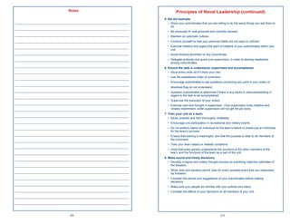 Notes                                   Principles of Naval Leadership (continued)
                                                       5. Set the example.
____________________________________________________      • Show your subordinates that you are willing to do the same things you ask them to
                                                            do.
____________________________________________________
                                                         • Be physically ﬁt, well-groomed and correctly dressed.
____________________________________________________     • Maintain an optimistic outlook.
____________________________________________________     • Conduct yourself so that your personal habits are not open to criticism.

____________________________________________________     • Exercise initiative and regard the spirit of initiative of your subordinates within your
                                                           unit.
____________________________________________________     • Avoid showing favoritism to any subordinate.
____________________________________________________     • Delegate authority and avoid over-supervision, in order to develop leadership
                                                           among subordinates.
____________________________________________________   6. Ensure the task is understood, supervised and accomplished.
____________________________________________________      • Issue every order as if it were your own.

____________________________________________________     • Use the established chain of command.
                                                         • Encourage subordinates to ask questions concerning any point in your orders or
____________________________________________________
                                                           directives they do not understand.
____________________________________________________     • Question subordinates to determine if there is any doubt or misunderstanding in
                                                           regard to the task to be accomplished.
____________________________________________________
                                                         • Supervise the execution of your orders.
____________________________________________________     • Exercise care and thought in supervision. Over-supervision hurts initiative and
____________________________________________________       creates resentment; under-supervision will not get the job done.
                                                       7. Train your unit as a team.
____________________________________________________
                                                          • Study, prepare and train thoroughly, endlessly.
____________________________________________________     • Encourage unit participation in recreational and military events.
____________________________________________________     • Do not publicly blame an individual for the team’s failure or praise just an individual
                                                           for the team’s success.
____________________________________________________     • Ensure that training is meaningful, and that the purpose is clear to all members of
____________________________________________________       the command.
                                                         • Train your team based on realistic conditions.
____________________________________________________
                                                         • Insist that every person understands the functions of the other members of the
____________________________________________________       team, and the functions of the team as a part of the unit.
                                                       8. Make sound and timely decisions.
____________________________________________________
                                                          • Develop a logical and orderly thought process by practicing objective estimates of
____________________________________________________        the situation.
                                                         • When time and situation permit, plan for every possible event that can reasonably
____________________________________________________       be foreseen.
____________________________________________________     • Consider the advice and suggestions of your subordinates before making
                                                           decisions.
____________________________________________________
                                                         • Make sure your people are familiar with your policies and plans.
____________________________________________________     • Consider the effects of your decisions on all members of your unit.
____________________________________________________
____________________________________________________

                         84                                                                          177
 