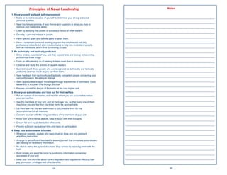 Principles of Naval Leadership                                                                 Notes

1. Know yourself and seek self improvement
   • Make an honest evaluation of yourself to determine your strong and weak            ____________________________________________________
     personal qualities.
                                                                                        ____________________________________________________
  • Seek the honest opinions of your friends and superiors to show you how to
    improve your leadership ability.                                                    ____________________________________________________
  • Learn by studying the causes of success or failure of other leaders.
                                                                                        ____________________________________________________
  • Develop a genuine interest in people.
  • Have speciﬁc goals and deﬁnite plans to attain them.
                                                                                        ____________________________________________________
  • Have a systematic personal reading program that emphasizes not only                 ____________________________________________________
    professional subjects but also includes topics to help you understand people,
    both as individuals, and in their functioning groups.                               ____________________________________________________
2. Be technically and tactically proﬁcient.                                             ____________________________________________________
   • Know what is expected of you, and then expend time and energy on becoming
     proﬁcient at those things.                                                         ____________________________________________________
  • Form an attitude early on of seeking to learn more than is necessary.               ____________________________________________________
  • Observe and study the actions of capable leaders.                                   ____________________________________________________
  • Spend time with those people who are recognized as technically and tactically
    proﬁcient. Learn as much as you can from them.                                      ____________________________________________________
  • Seek feedback from technically and tactically competent people concerning your      ____________________________________________________
    own performance. Be willing to change.
  • Seek opportunities to apply knowledge through the exercise of command. Good
                                                                                        ____________________________________________________
    leadership is acquired only through practice.                                       ____________________________________________________
  • Prepare yourself for the job of the leader at the next higher rank.
                                                                                        ____________________________________________________
3. Know your subordinates and look out for their welfare.
   • Put the welfare of the women and men for whom you are accountable before           ____________________________________________________
     your own welfare.
                                                                                        ____________________________________________________
  • See the members of your unit, and let them see you, so that every one of them
    may know you and feel that you know them. Be approachable.                          ____________________________________________________
  • Let them see that you are determined to fully prepare them for the
    accomplishment of all missions.
                                                                                        ____________________________________________________
  • Concern yourself with the living conditions of the members of your unit.            ____________________________________________________
  • Know your unit’s mental attitude; keep in touch with their thoughts.                ____________________________________________________
  • Ensure fair and equal distribution of rewards.
                                                                                        ____________________________________________________
  • Provide sufﬁcient recreational time and insist on participation.
4. Keep your subordinates informed.
                                                                                        ____________________________________________________
   • Whenever possible, explain why tasks must be done and any pertinent                ____________________________________________________
     amplifying instruction.
  • Arrange to get sufﬁcient feedback to assure yourself that immediate subordinates
                                                                                        ____________________________________________________
    are passing on necessary information.                                               ____________________________________________________
  • Be alert to detect the spread of rumors. Stop rumors by replacing them with the
    truth.                                                                              ____________________________________________________
  • Build morale and esprit de corps by publicizing information concerning              ____________________________________________________
    successes of your unit.
  • Keep your unit informed about current legislation and regulations affecting their   ____________________________________________________
    pay, promotion, privileges and other beneﬁts.

                                         176                                                                      85
 