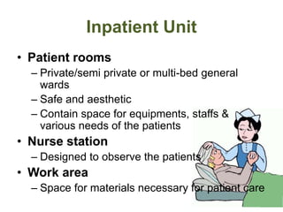 Inpatient Unit
• Patient rooms
– Private/semi private or multi-bed general
wards
– Safe and aesthetic
– Contain space for equipments, staffs &
various needs of the patients
• Nurse station
– Designed to observe the patients
• Work area
– Space for materials necessary for patient care
 
