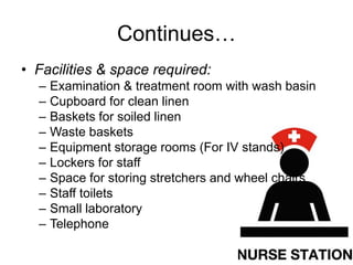 Continues…
• Facilities & space required:
– Examination & treatment room with wash basin
– Cupboard for clean linen
– Baskets for soiled linen
– Waste baskets
– Equipment storage rooms (For IV stands)
– Lockers for staff
– Space for storing stretchers and wheel chairs
– Staff toilets
– Small laboratory
– Telephone
 