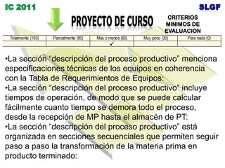 La sección “tamaño de la planta” presenta dos tablas: una con los cinco volúmenes de producción proyectados al futuro, y otra tabla con la capacidad de diseño, capacidad del sistema y capacidad real:PROYECTO DE CURSOLa sección “localización de la planta” analiza exhaustivamente de manera textual, los resultados de las comparaciones entre las diferentes alternativas de terrenos y sus respectivos factores: