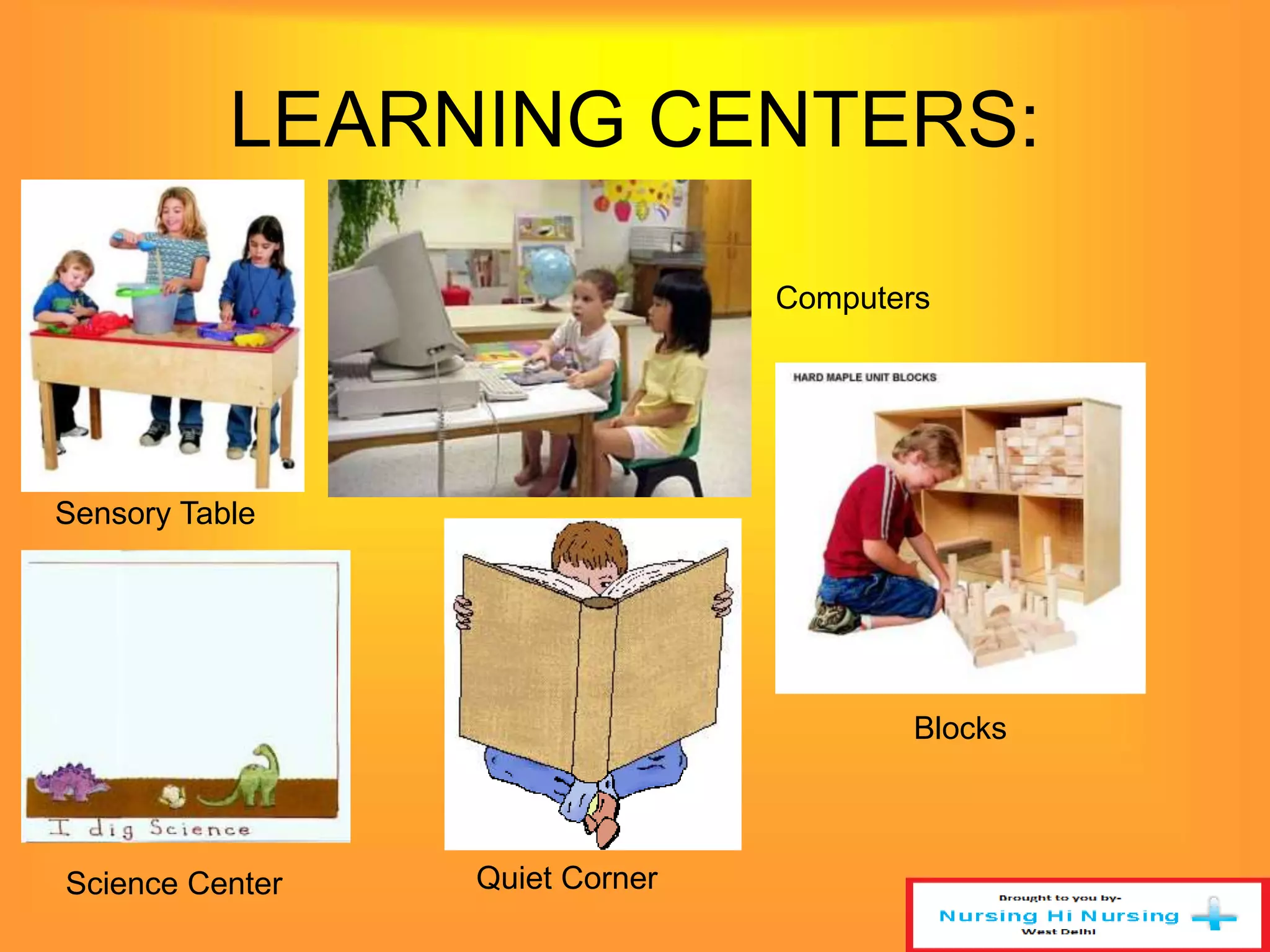 LEARNING CENTERS: 
Sensory Table 
Science Center Quiet Corner 
Computers 
Blocks 
 