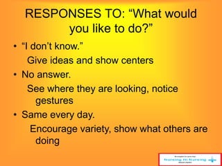 RESPONSES TO: “What would 
you like to do?” 
• “I don’t know.” 
Give ideas and show centers 
• No answer. 
See where they are looking, notice 
gestures 
• Same every day. 
Encourage variety, show what others are 
doing 
 
