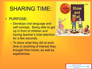 SHARING TIME: 
• PURPOSE: 
– Develops oral language and 
self concept. Being able to get 
up in front of children and 
having teacher’s total attention 
for a few seconds. 
– To show what they did at work 
time or anything of interest they 
brought from home, as well as 
experiences. 
 