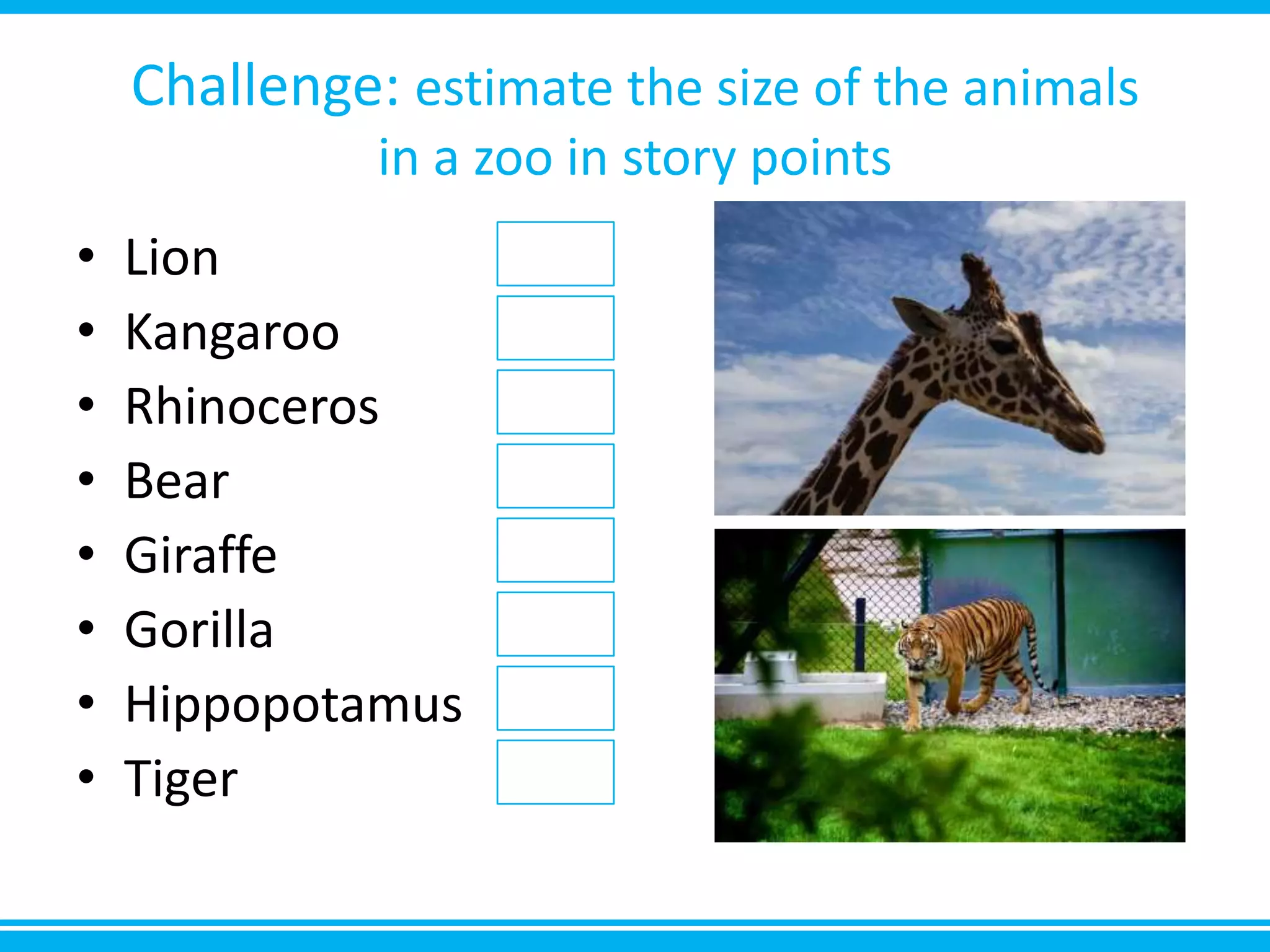 Challenge: estimate the size of the animals
in a zoo in story points
• Lion
• Kangaroo
• Rhinoceros
• Bear
• Giraffe
• Gorilla
• Hippopotamus
• Tiger
 