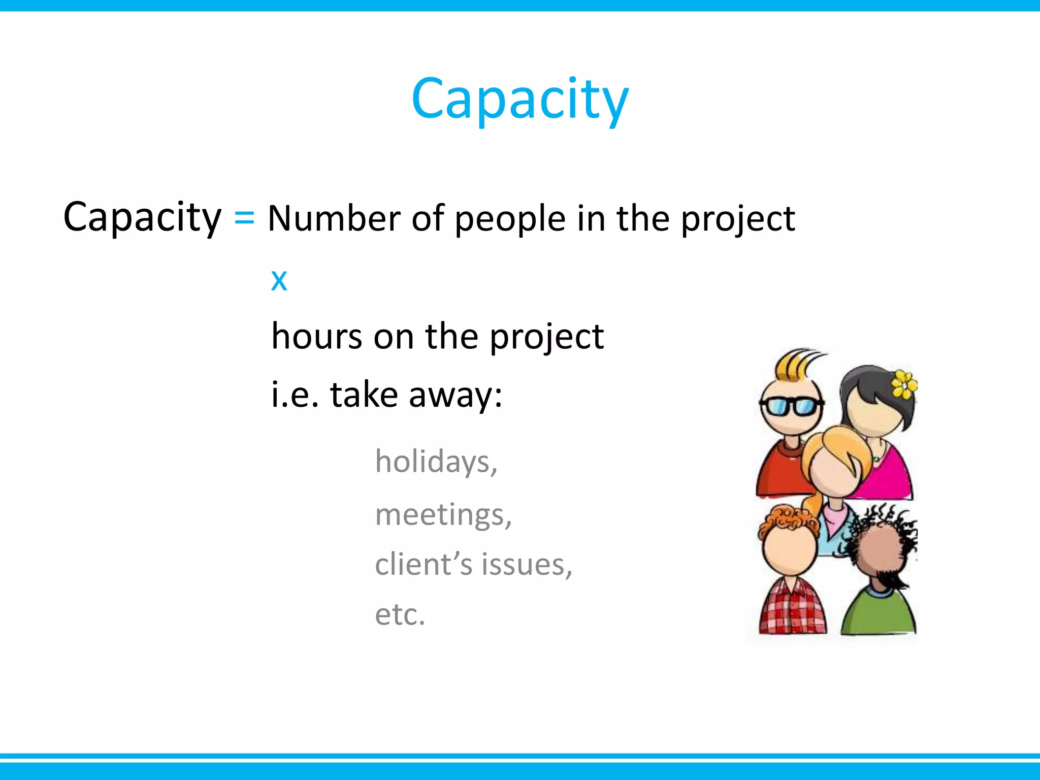 Capacity
Capacity = Number of people in the project
x
hours on the project
i.e. take away:
holidays,
meetings,
client’s issues,
etc.
 